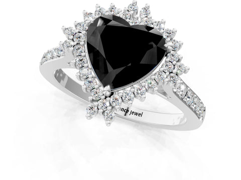 White gold Fancy Black Heart Cut Cut Diamond Sunburst Halo Engagement Ring with Pavé Band_1