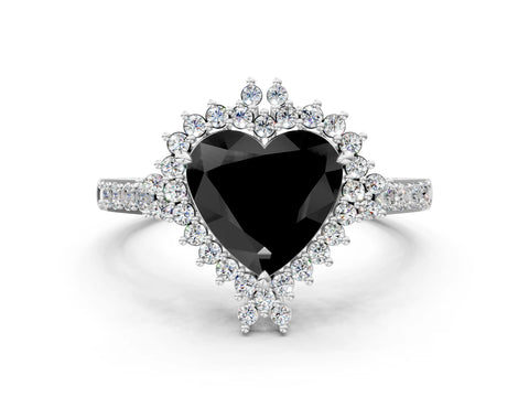 White gold Fancy Black Heart Cut Cut Diamond Sunburst Halo Engagement Ring with Pavé Band