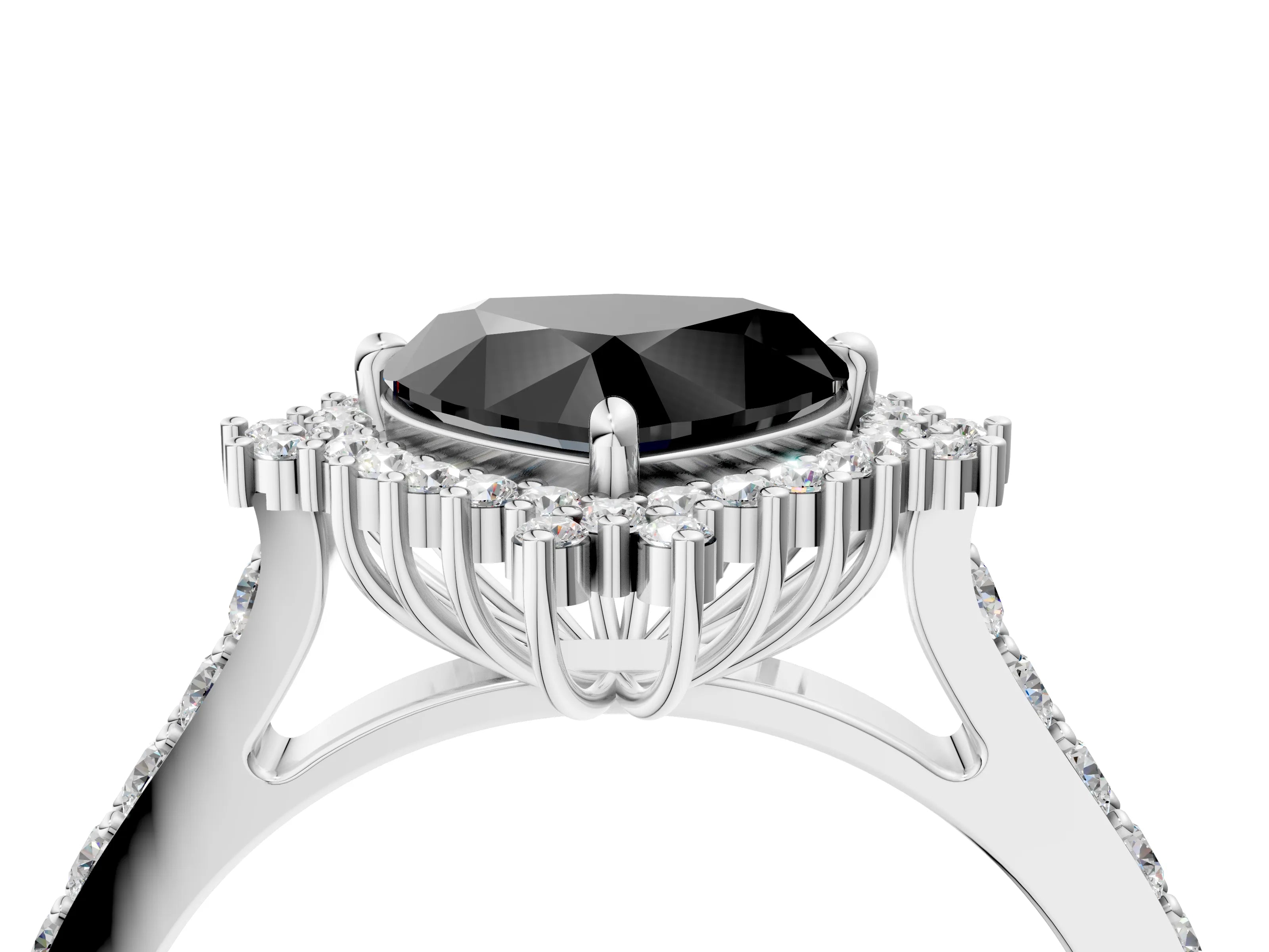 White gold Fancy Black Heart Cut Cut Diamond Sunburst Halo Engagement Ring with Pavé Band_4