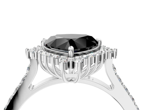 White gold Fancy Black Heart Cut Cut Diamond Sunburst Halo Engagement Ring with Pavé Band_4