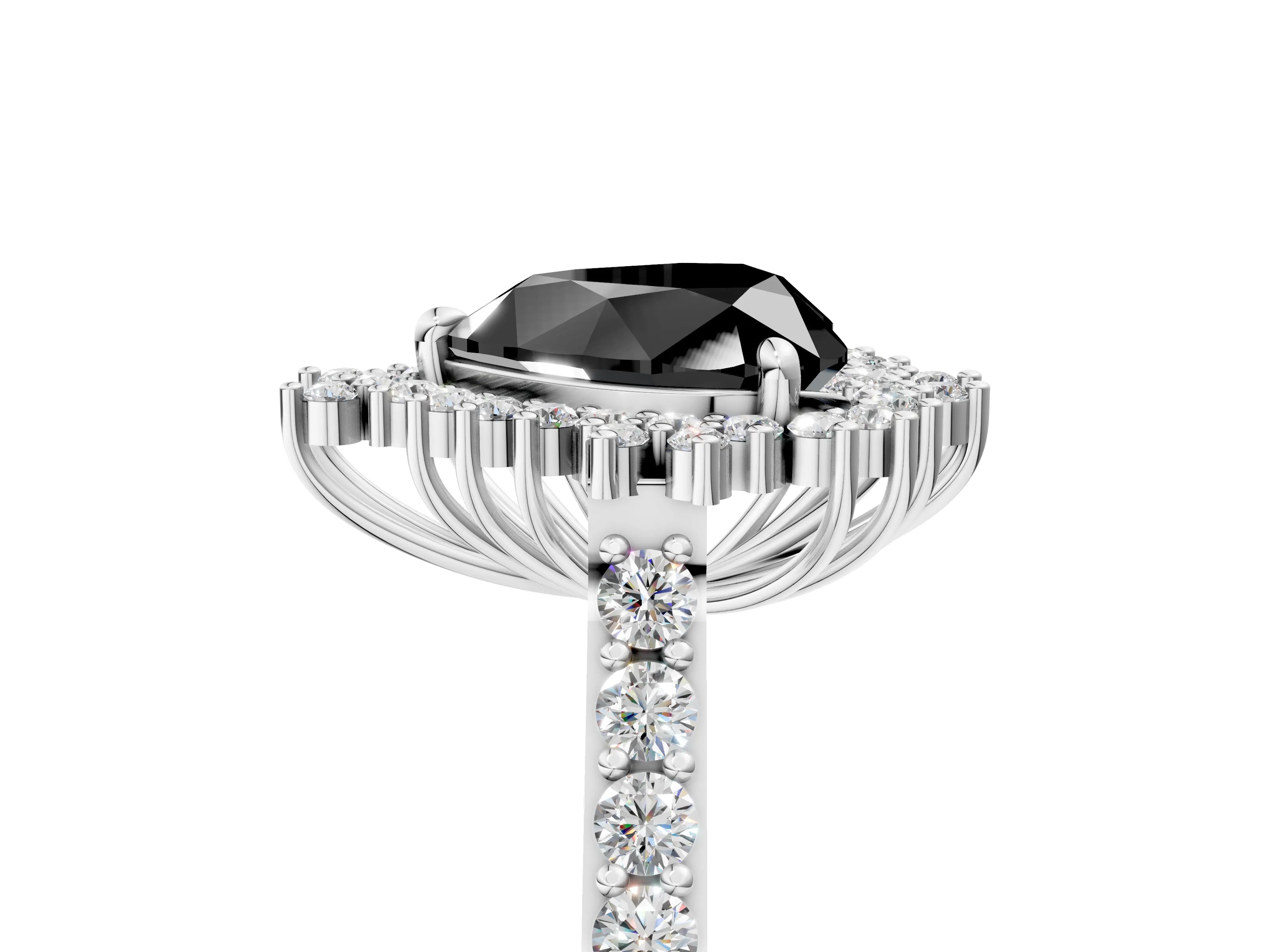 White gold Fancy Black Heart Cut Cut Diamond Sunburst Halo Engagement Ring with Pavé Band_5