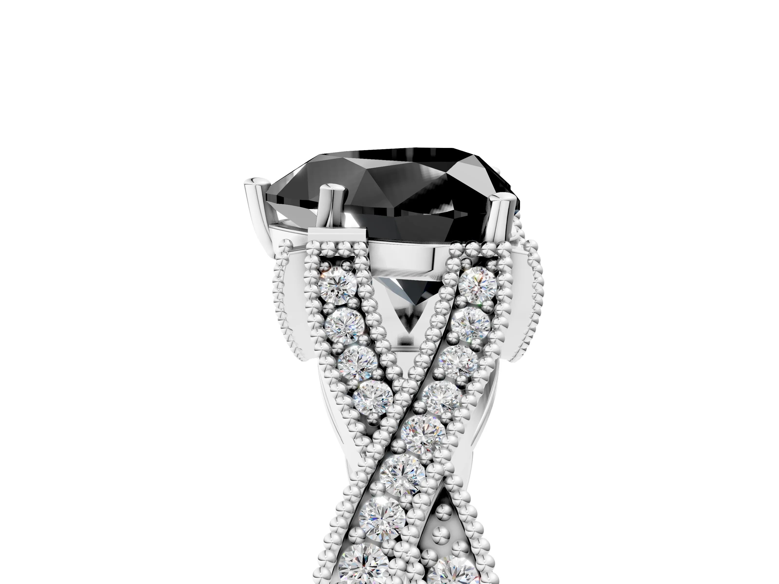 White gold Fancy Black Heart Cut Cut Diamond Twisted Band with Milgrain Pave Setting and Four-Prong Setting_11
