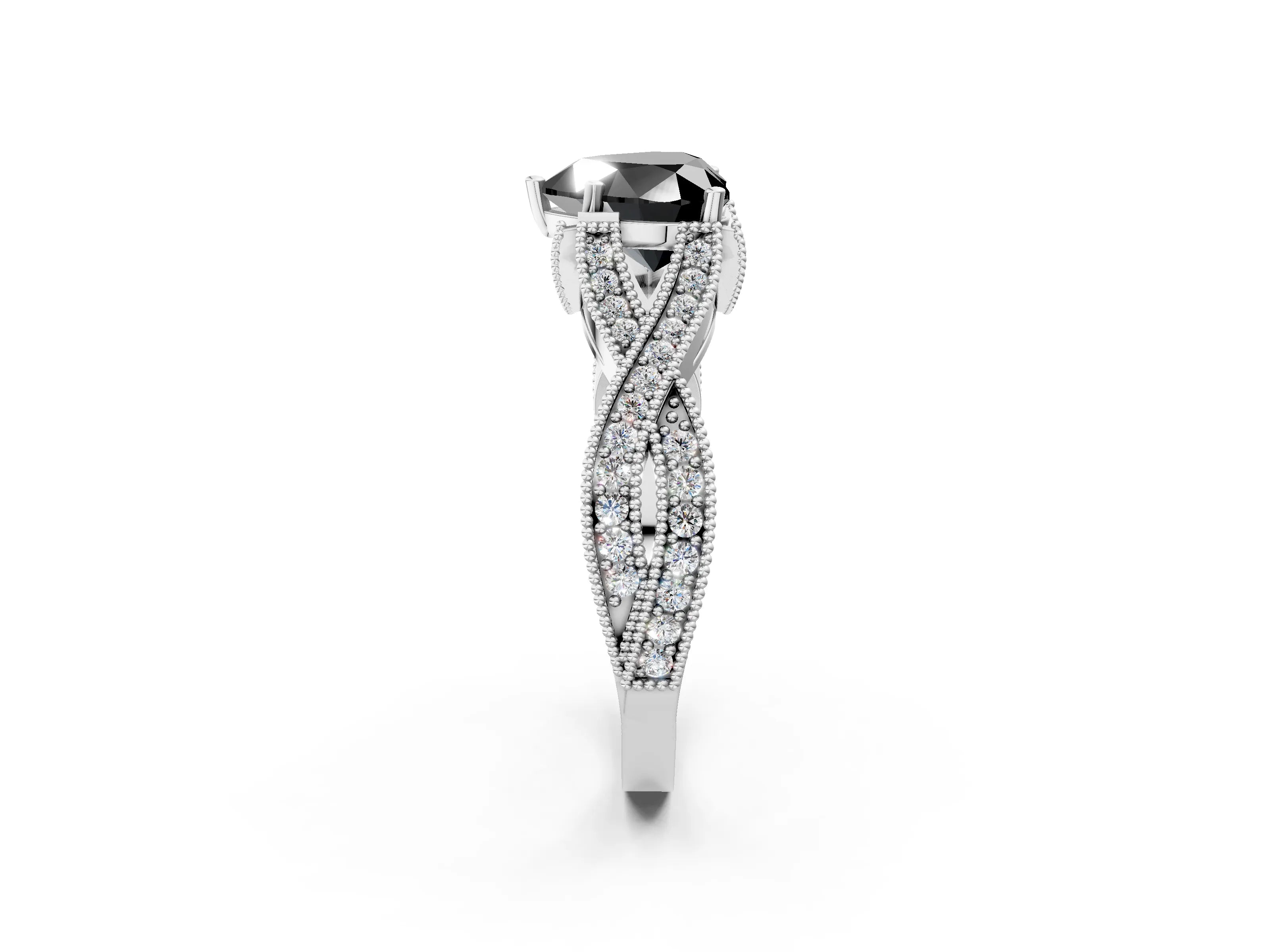 White gold Fancy Black Heart Cut Cut Diamond Twisted Band with Milgrain Pave Setting and Four-Prong Setting_14