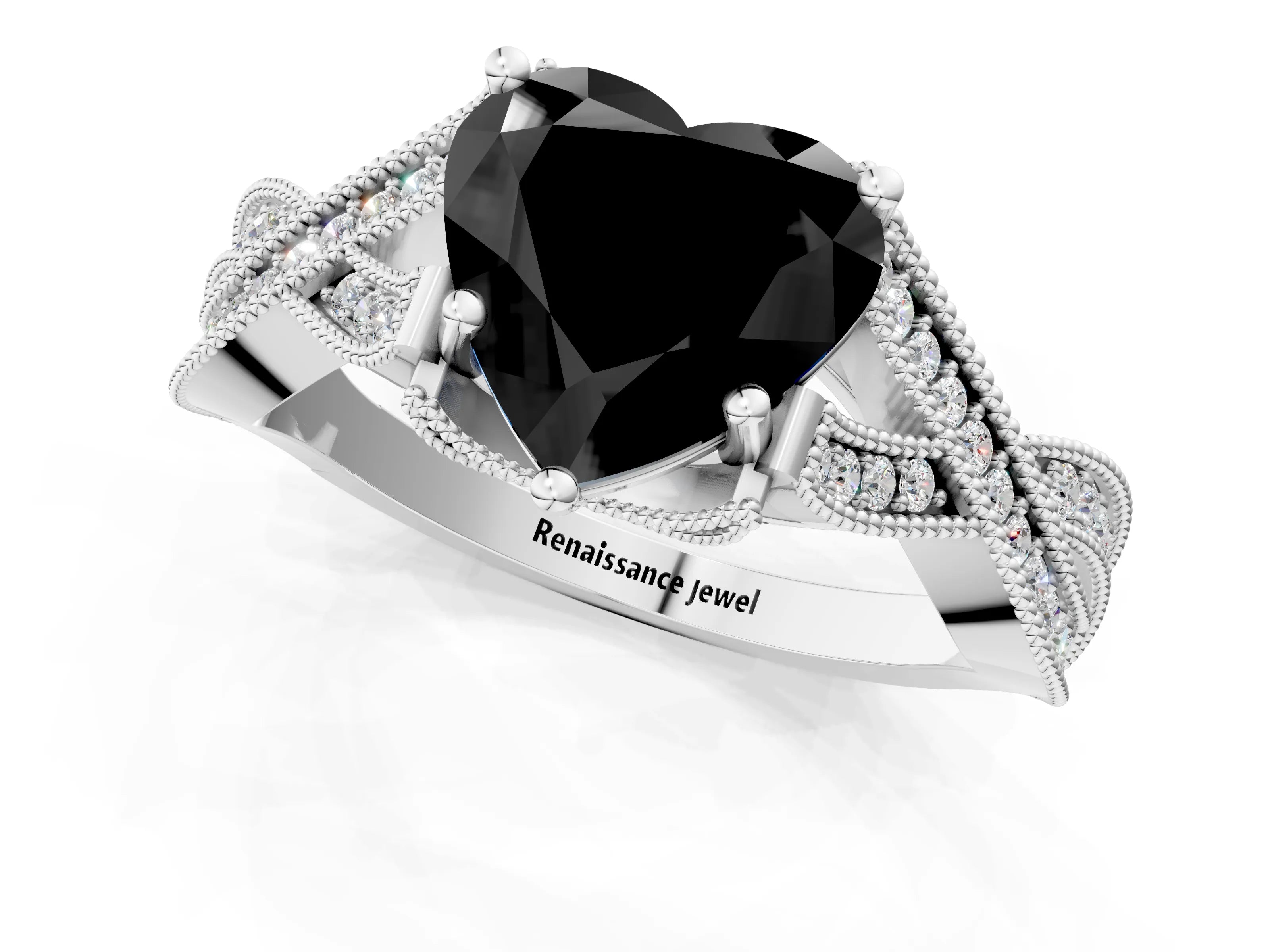 White gold Fancy Black Heart Cut Cut Diamond Twisted Band with Milgrain Pave Setting and Four-Prong Setting_19