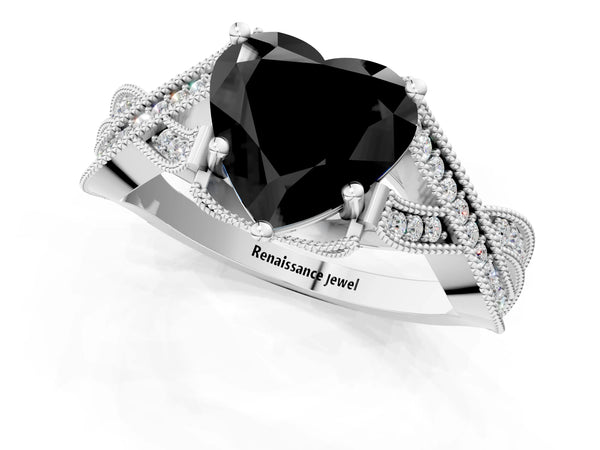 White Gold Heart-Shaped Graduated Pave Twist Engagement Ring Setting for Black Center