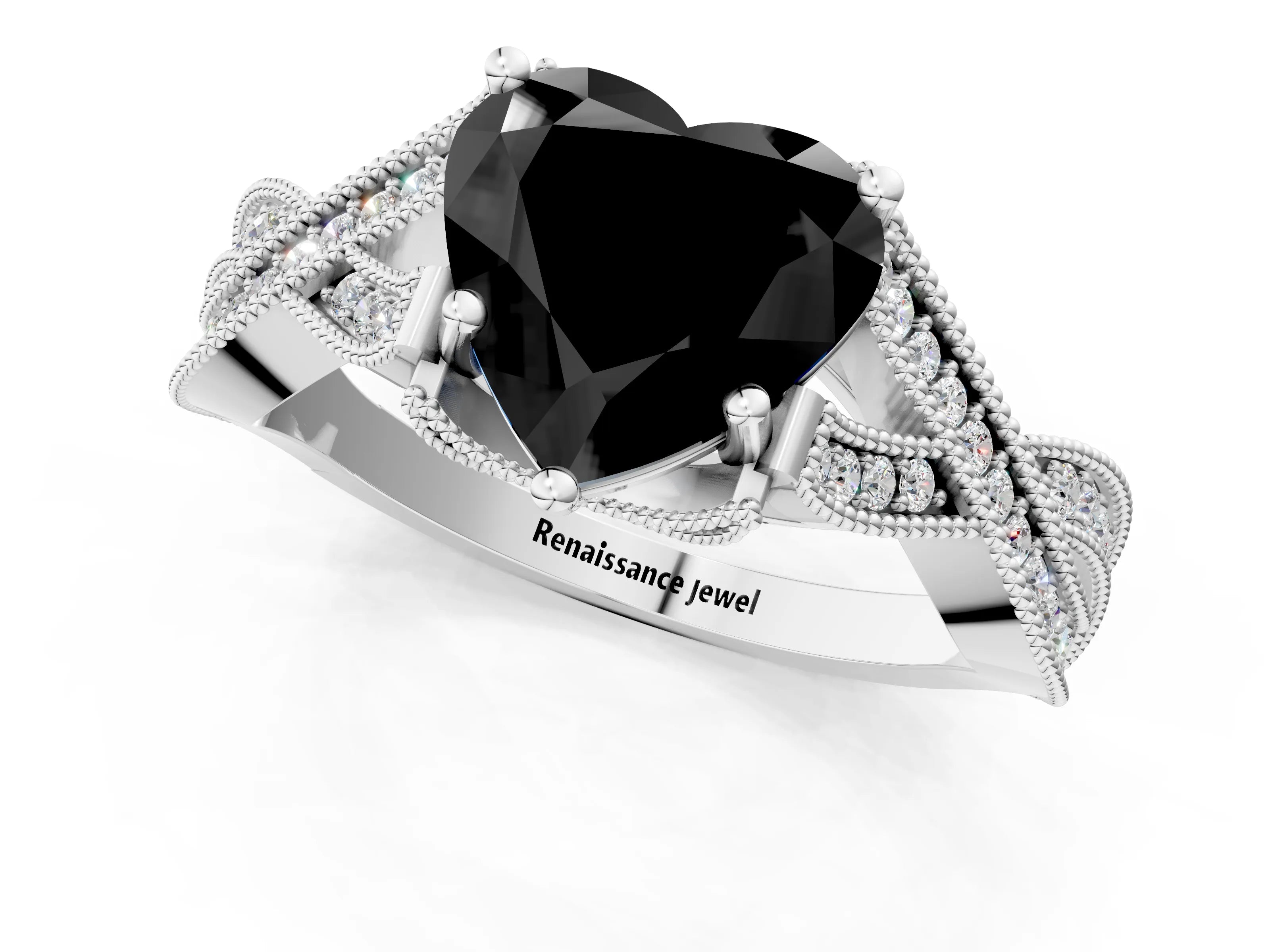 White gold Fancy Black Heart Cut Cut Diamond Twisted Band with Milgrain Pave Setting and Four-Prong Setting_1