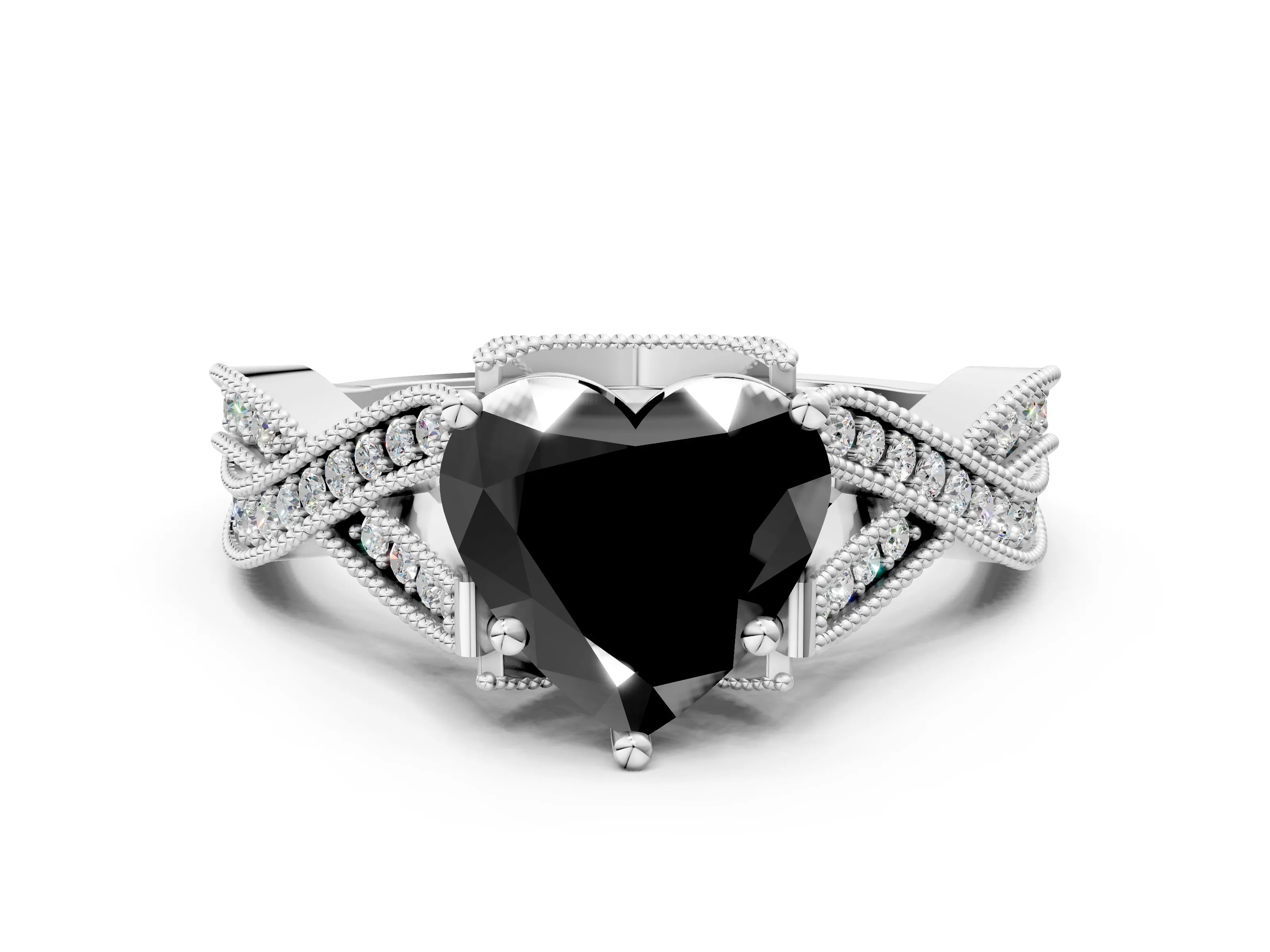 White gold Fancy Black Heart Cut Cut Diamond Twisted Band with Milgrain Pave Setting and Four-Prong Setting_6