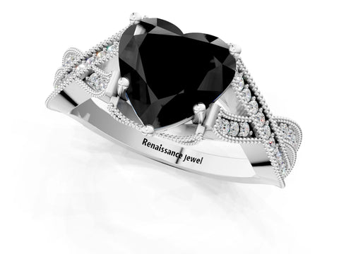 White gold Fancy Black Heart Cut Cut Diamond Twisted Band with Milgrain Pave Setting and Four-Prong Setting_7