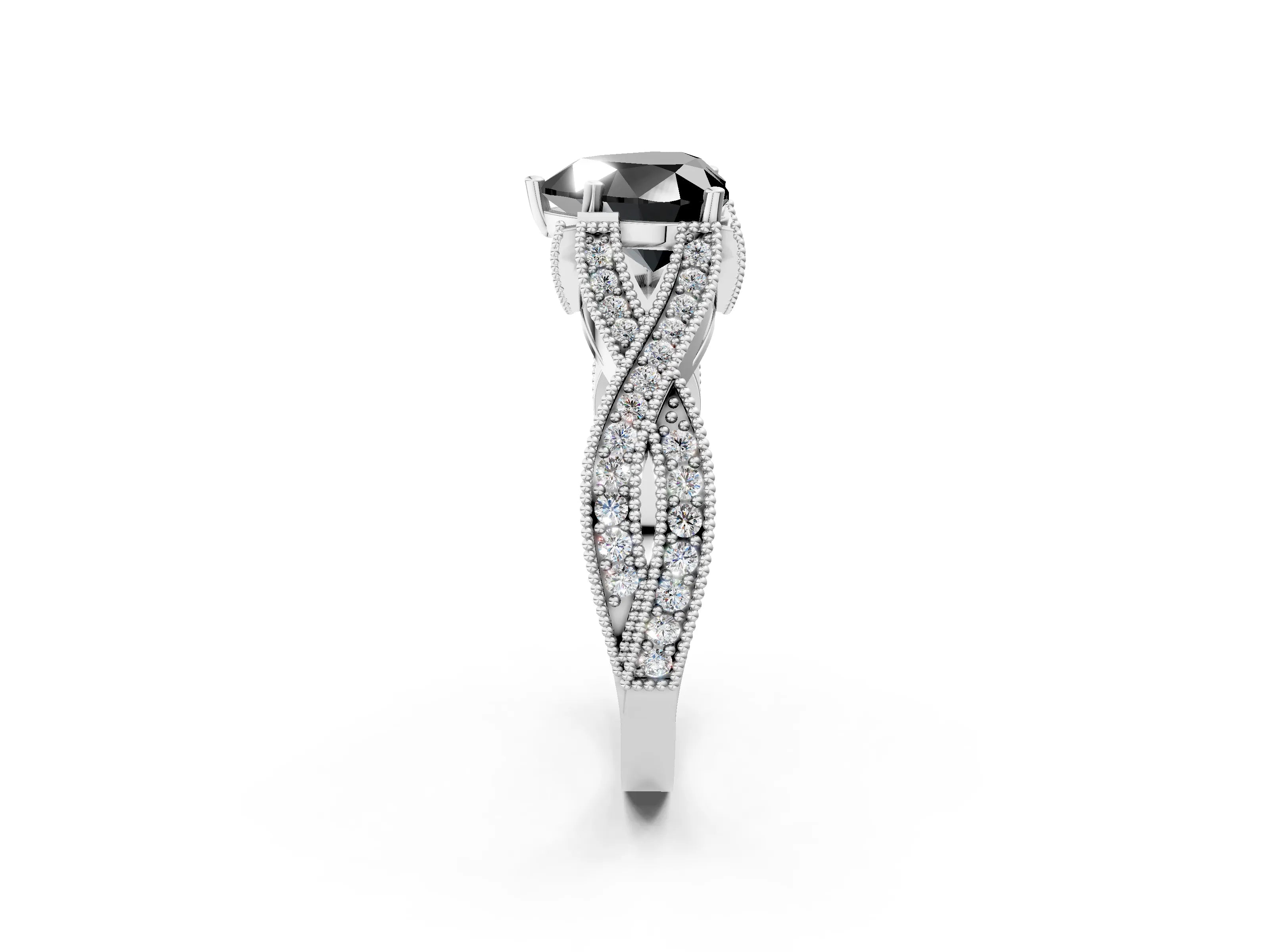 White gold Fancy Black Heart Cut Cut Diamond Twisted Band with Milgrain Pave Setting and Four-Prong Setting_8