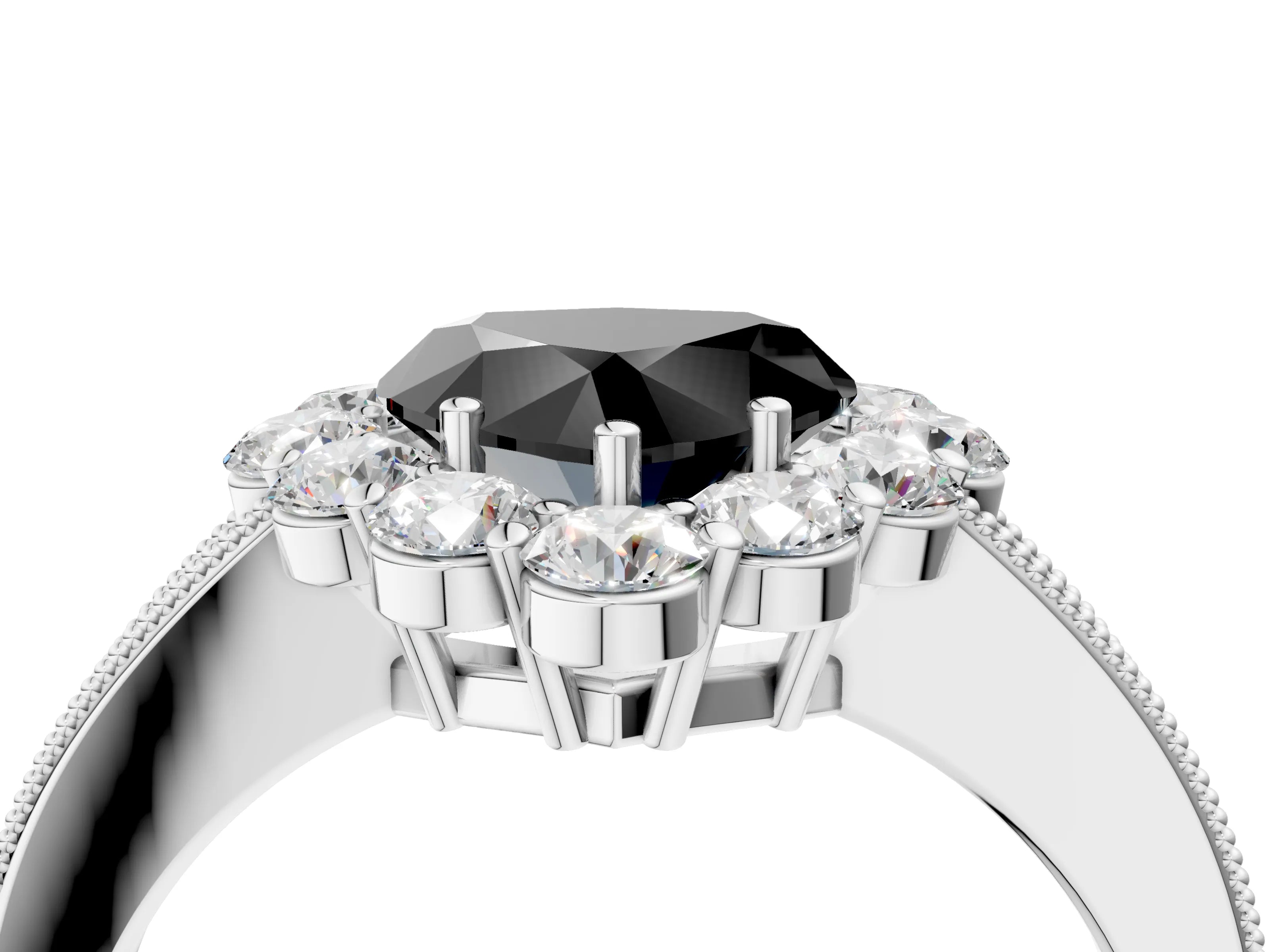 White gold Fancy Black Heart Cut Cut Halo Diamond Pavé Engagement Ring with Milgrain Detailing_16