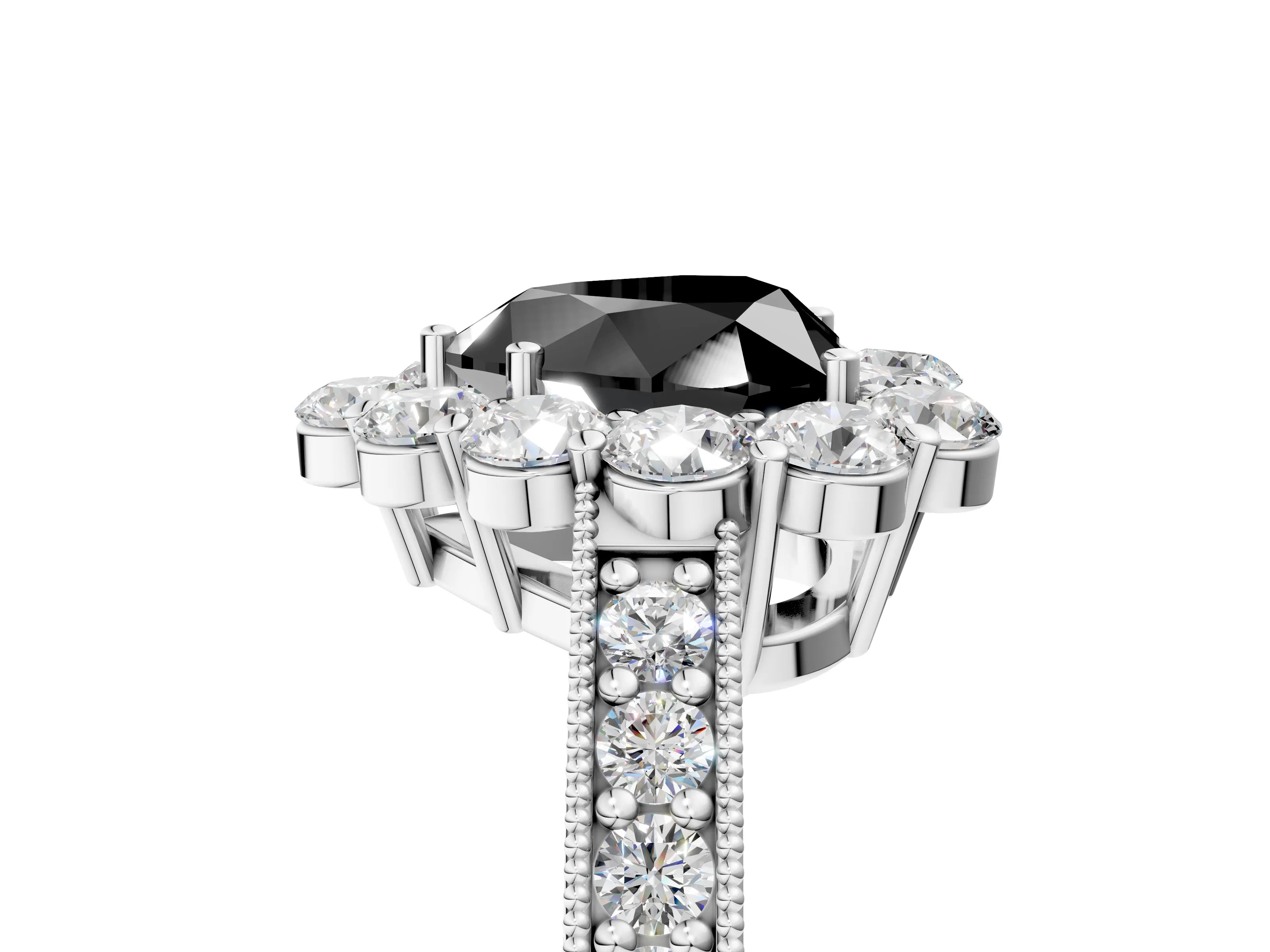 White gold Fancy Black Heart Cut Cut Halo Diamond Pavé Engagement Ring with Milgrain Detailing_17
