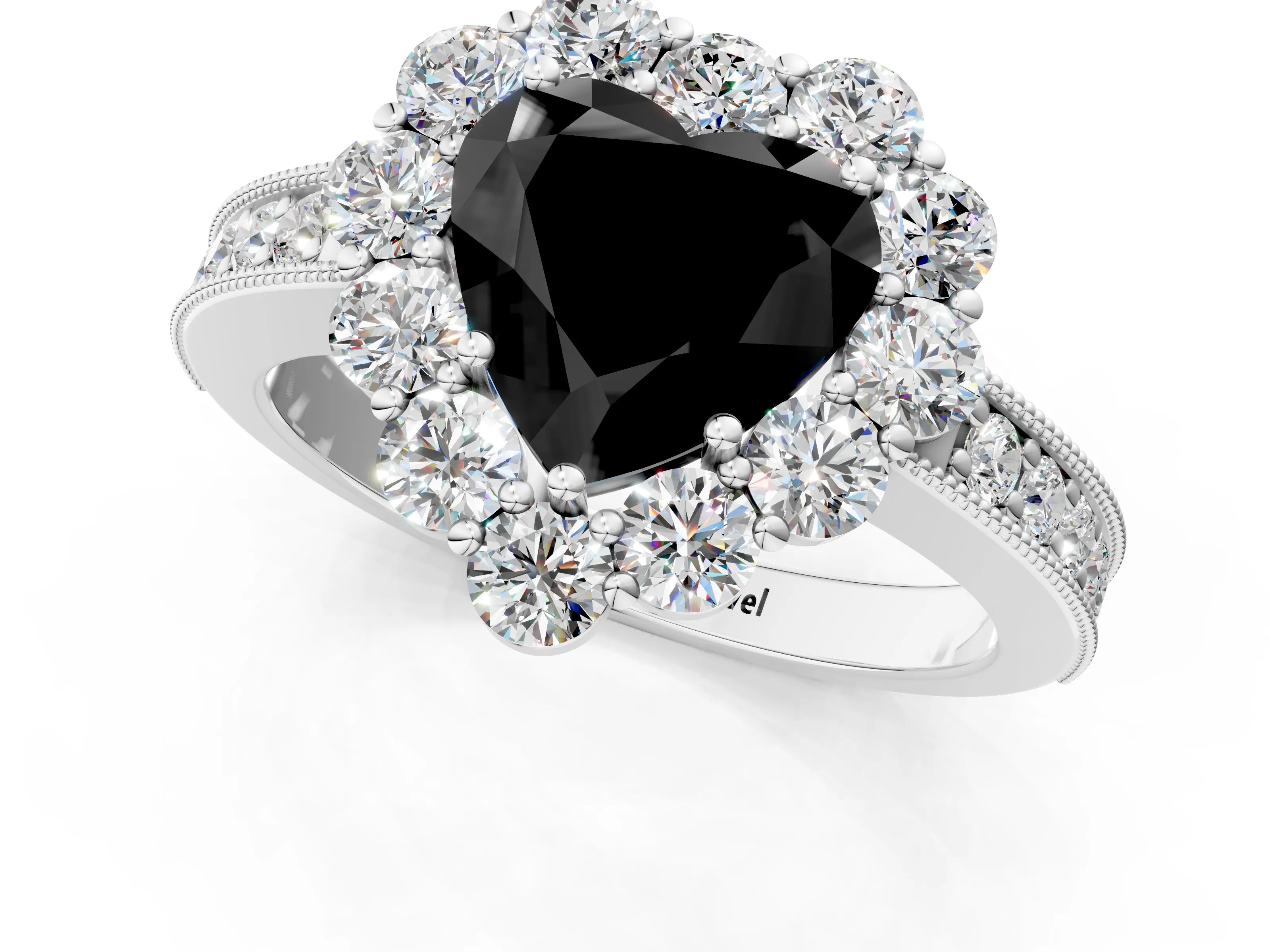 White gold Fancy Black Heart Cut Cut Halo Diamond Pavé Engagement Ring with Milgrain Detailing_25