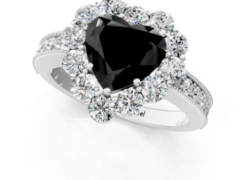 White gold Fancy Black Heart Cut Cut Halo Diamond Pavé Engagement Ring with Milgrain Detailing_25