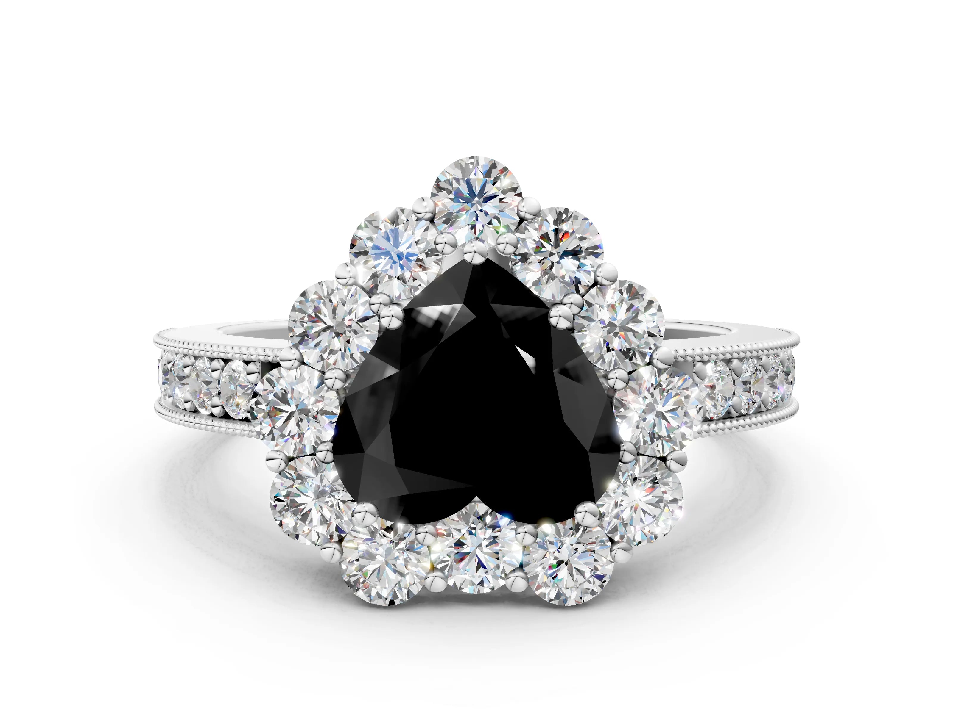 White gold Fancy Black Heart Cut Cut Halo Diamond Pavé Engagement Ring with Milgrain Detailing_36