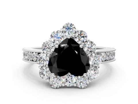 White gold Fancy Black Heart Cut Cut Halo Diamond Pavé Engagement Ring with Milgrain Detailing_36