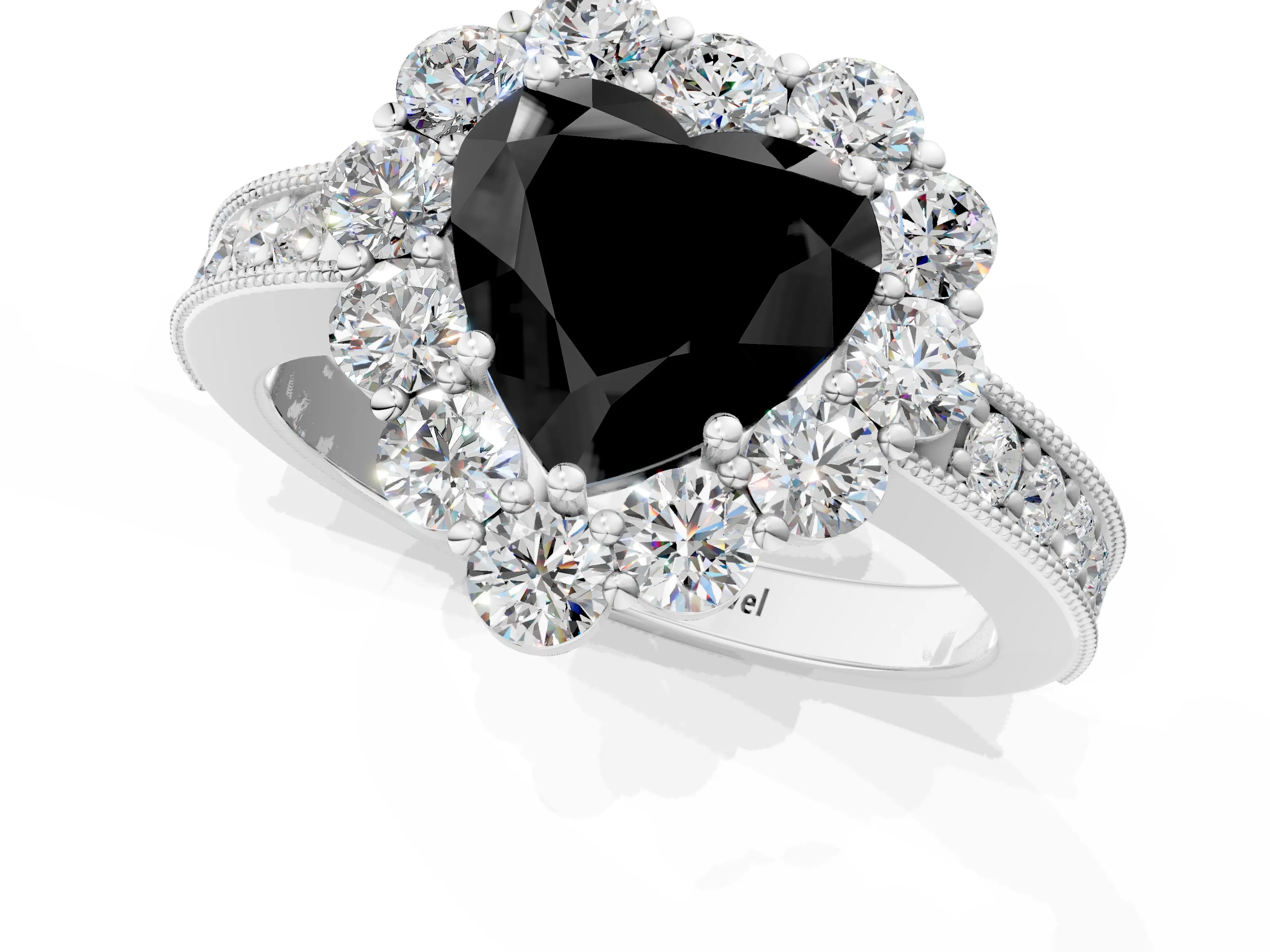 White gold Fancy Black Heart Cut Cut Halo Diamond Pavé Engagement Ring with Milgrain Detailing_37