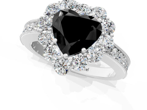 White gold Fancy Black Heart Cut Cut Halo Diamond Pavé Engagement Ring with Milgrain Detailing_37