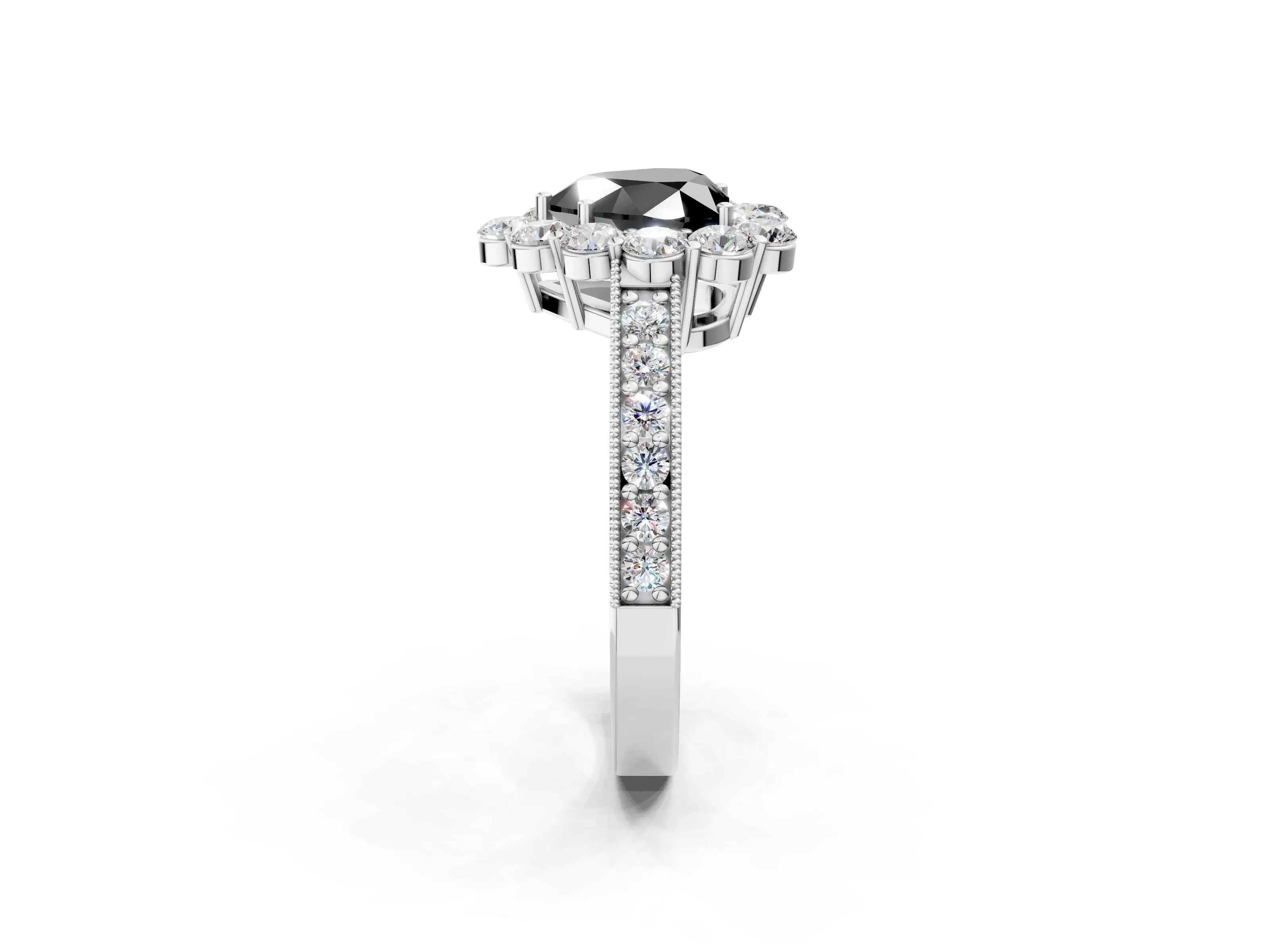 White gold Fancy Black Heart Cut Cut Halo Diamond Pavé Engagement Ring with Milgrain Detailing_38