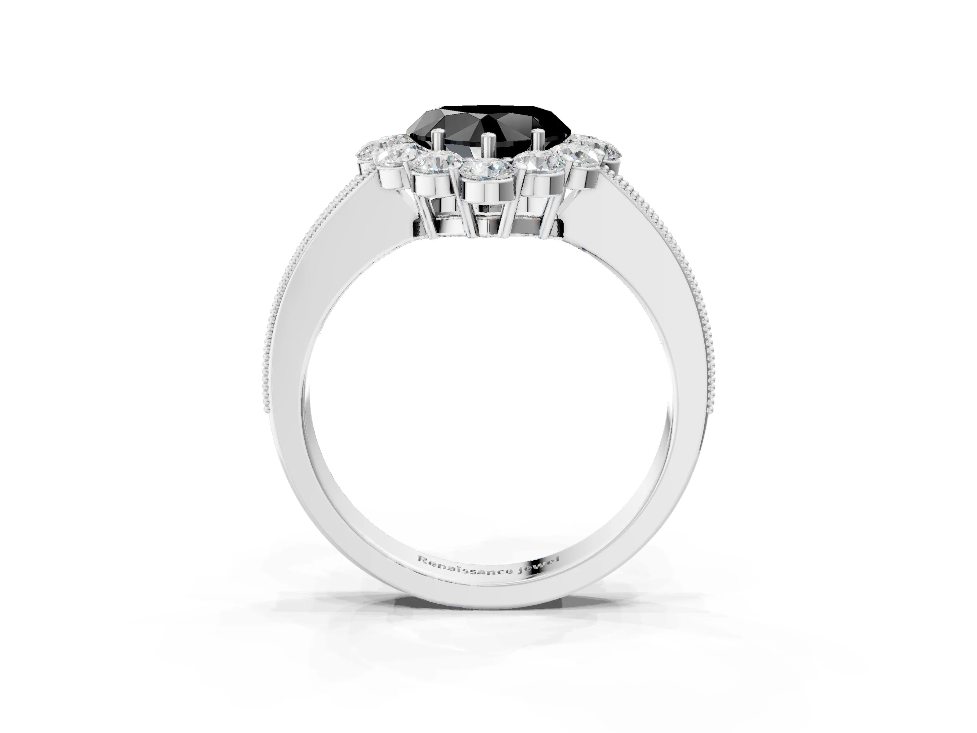 White gold Fancy Black Heart Cut Cut Halo Diamond Pavé Engagement Ring with Milgrain Detailing_39
