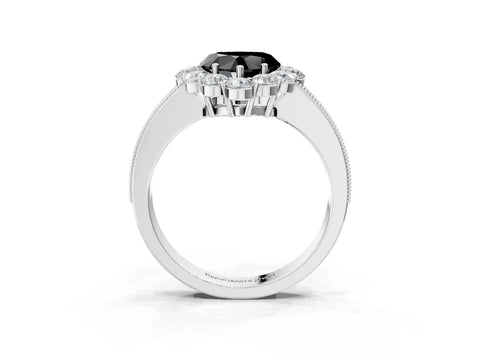 White gold Fancy Black Heart Cut Cut Halo Diamond Pavé Engagement Ring with Milgrain Detailing_39