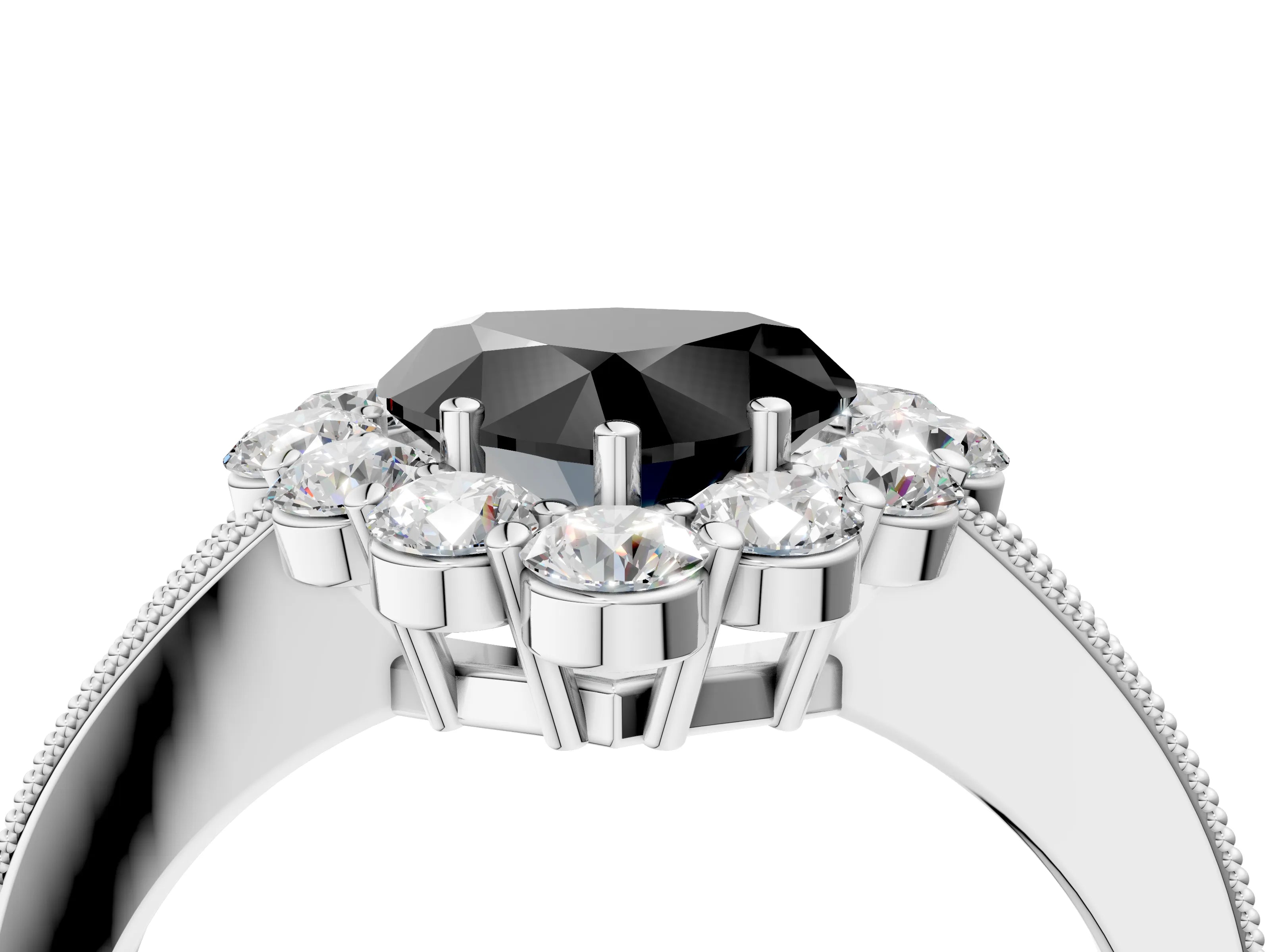 White gold Fancy Black Heart Cut Cut Halo Diamond Pavé Engagement Ring with Milgrain Detailing_40