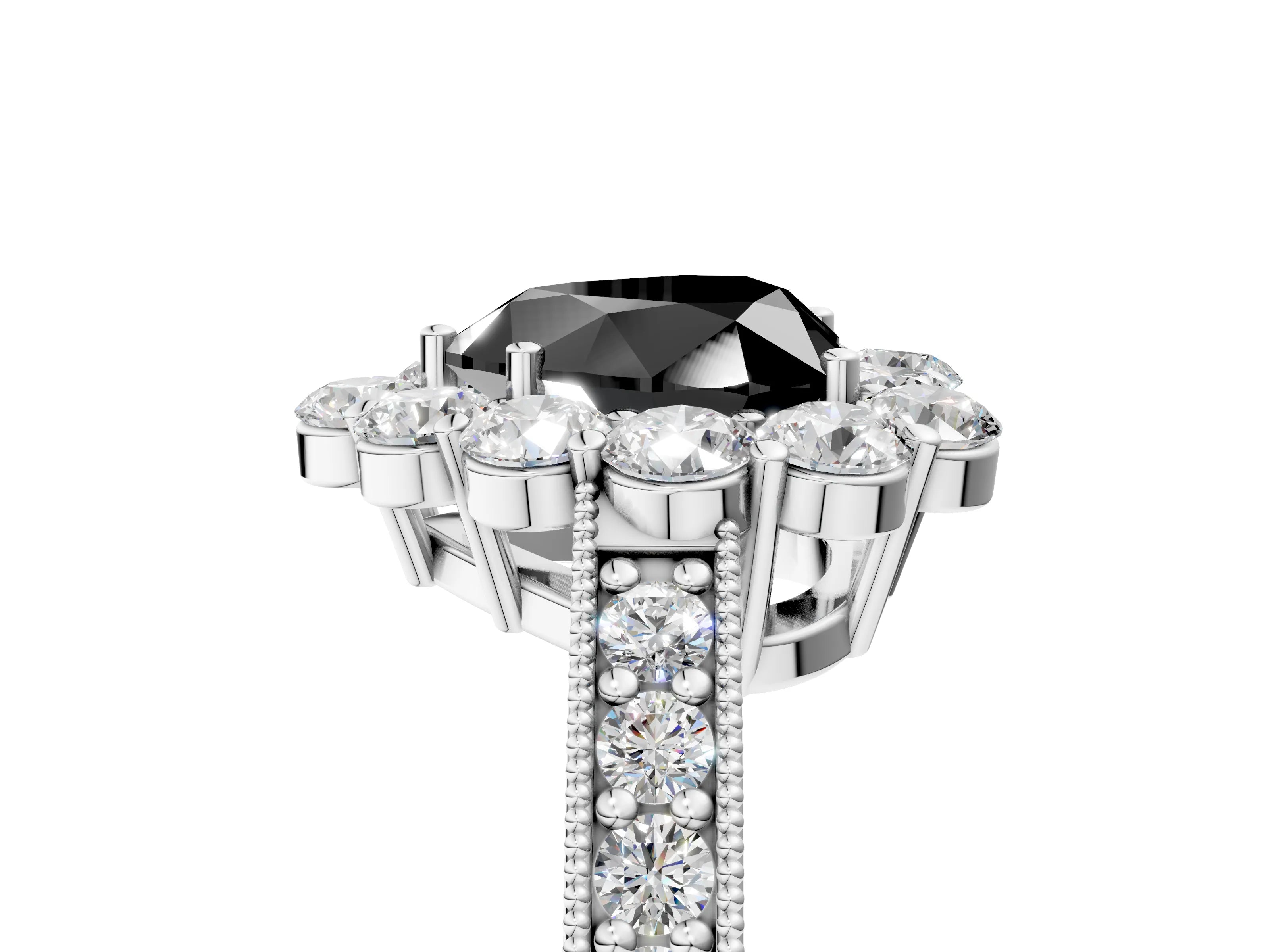 White gold Fancy Black Heart Cut Cut Halo Diamond Pavé Engagement Ring with Milgrain Detailing_41