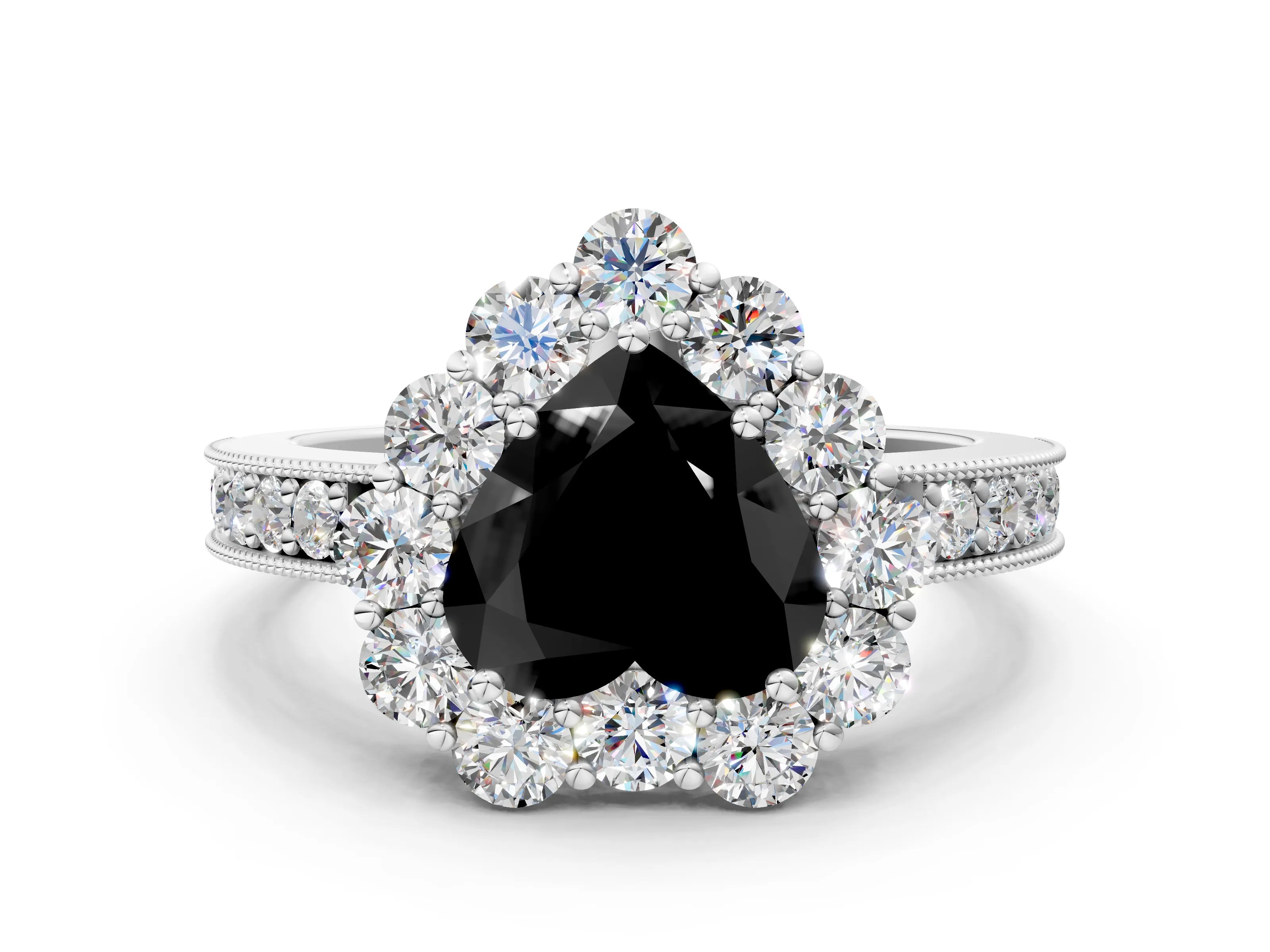 White gold Fancy Black Heart Cut Cut Halo Diamond Pavé Engagement Ring with Milgrain Detailing_48
