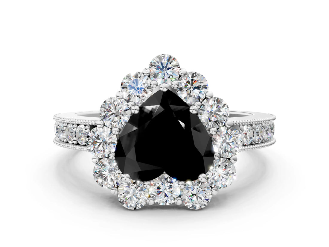 White gold Fancy Black Heart Cut Cut Halo Diamond Pavé Engagement Ring with Milgrain Detailing_48