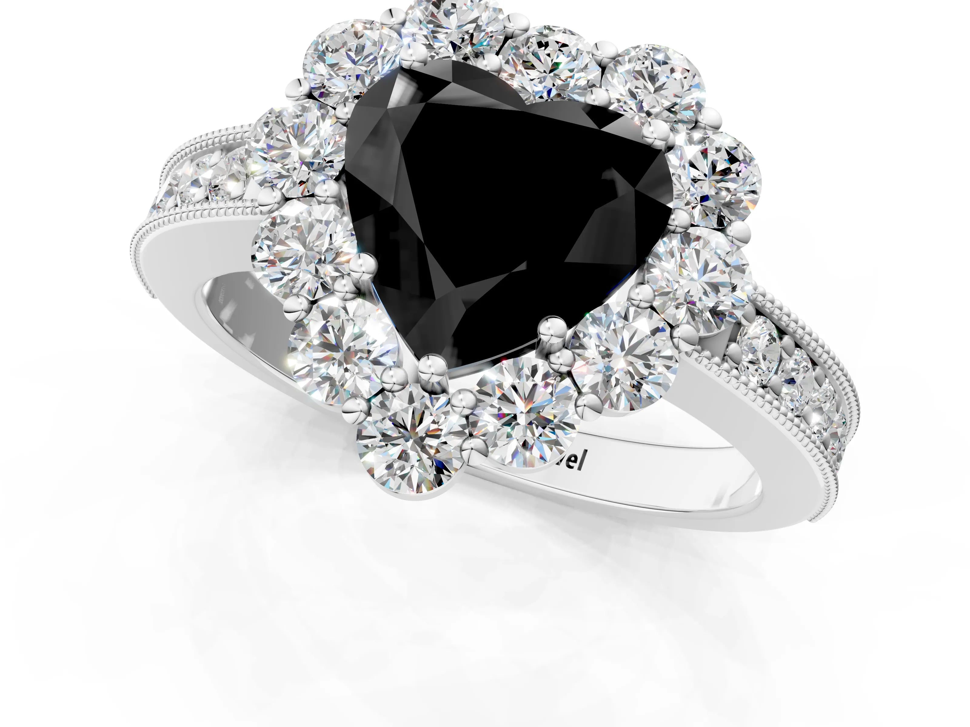 White gold Fancy Black Heart Cut Cut Halo Diamond Pavé Engagement Ring with Milgrain Detailing_49