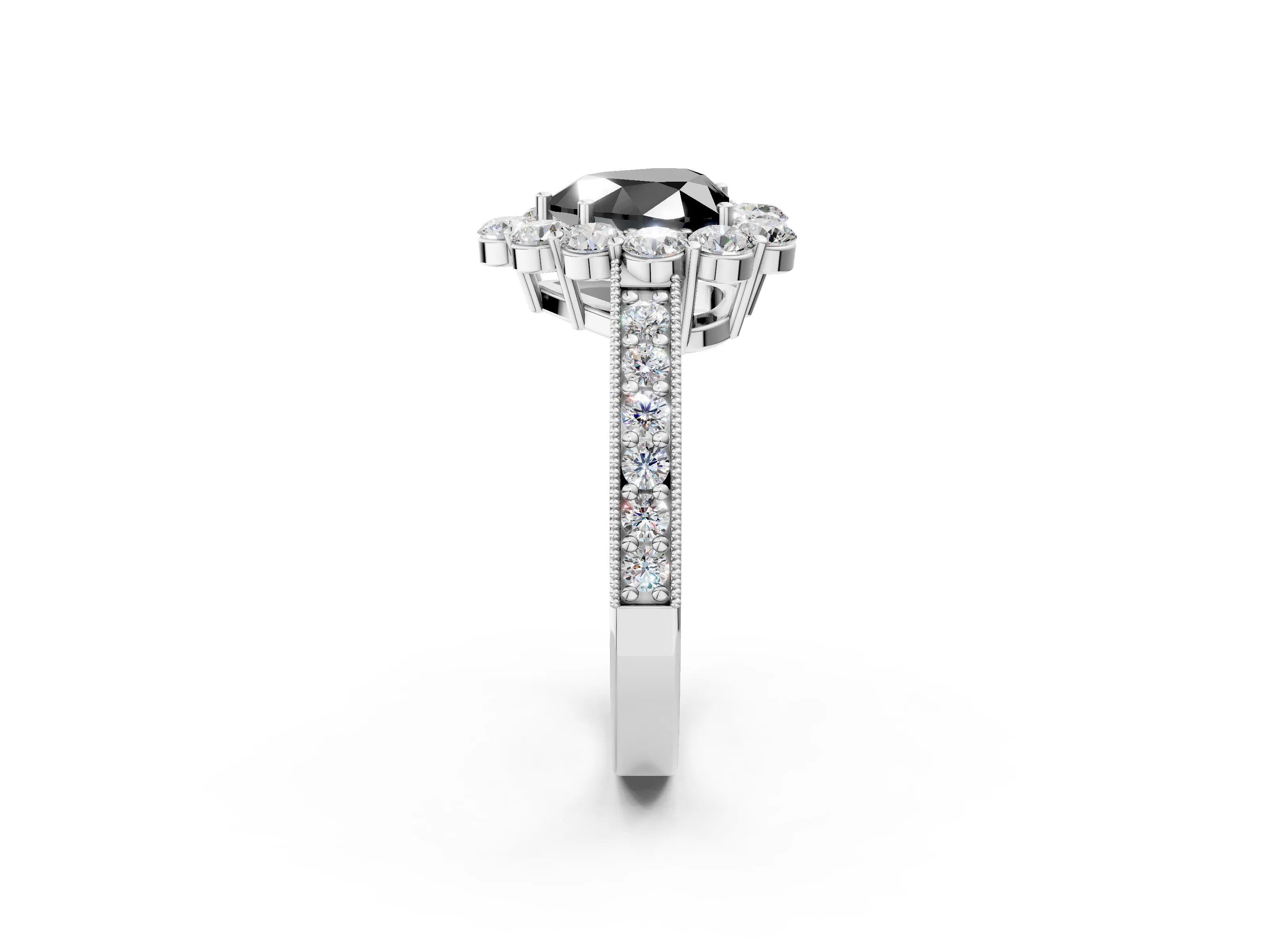 White gold Fancy Black Heart Cut Cut Halo Diamond Pavé Engagement Ring with Milgrain Detailing_50
