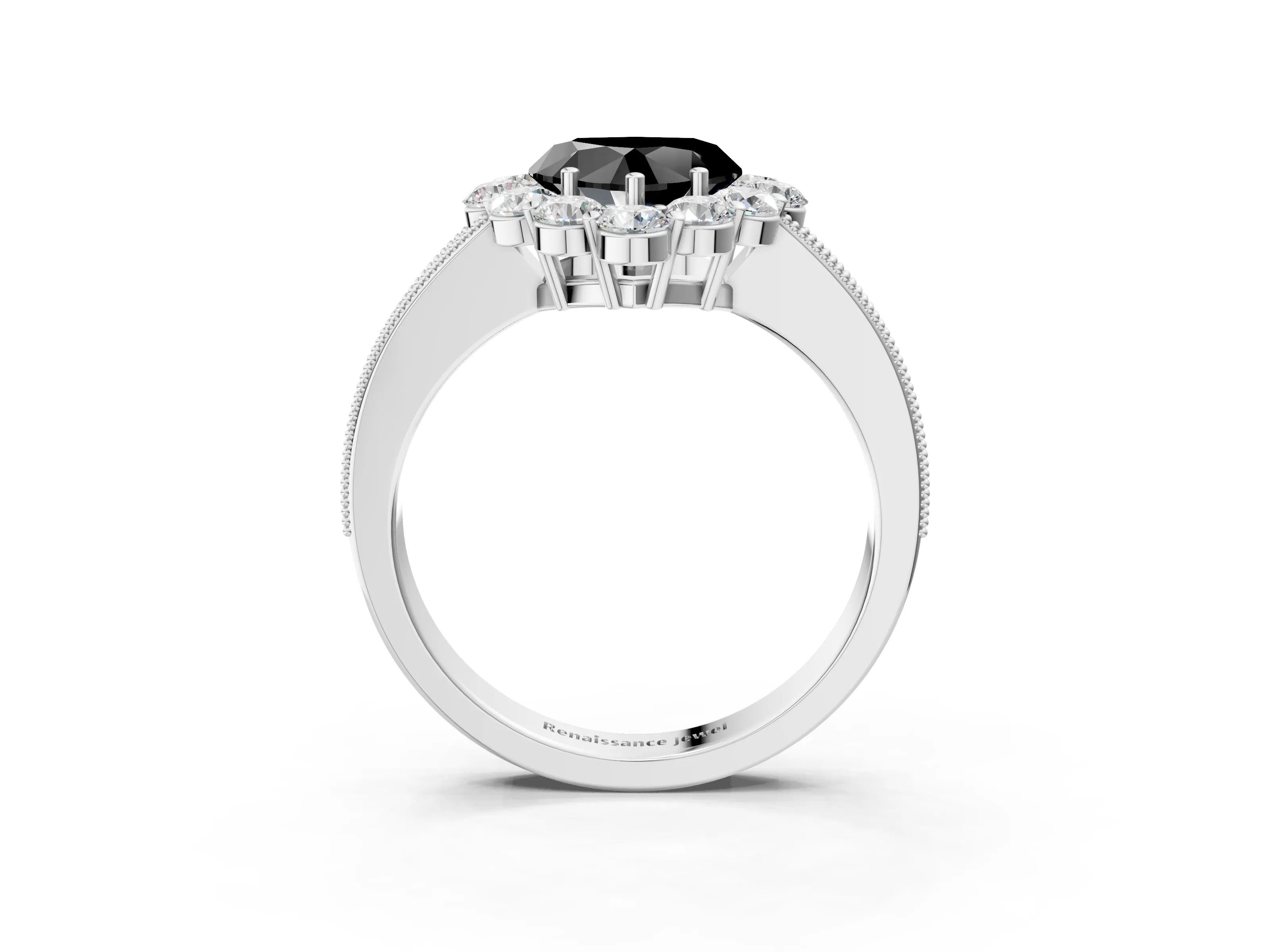 White gold Fancy Black Heart Cut Cut Halo Diamond Pavé Engagement Ring with Milgrain Detailing_51