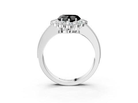 White gold Fancy Black Heart Cut Cut Halo Diamond Pavé Engagement Ring with Milgrain Detailing_51