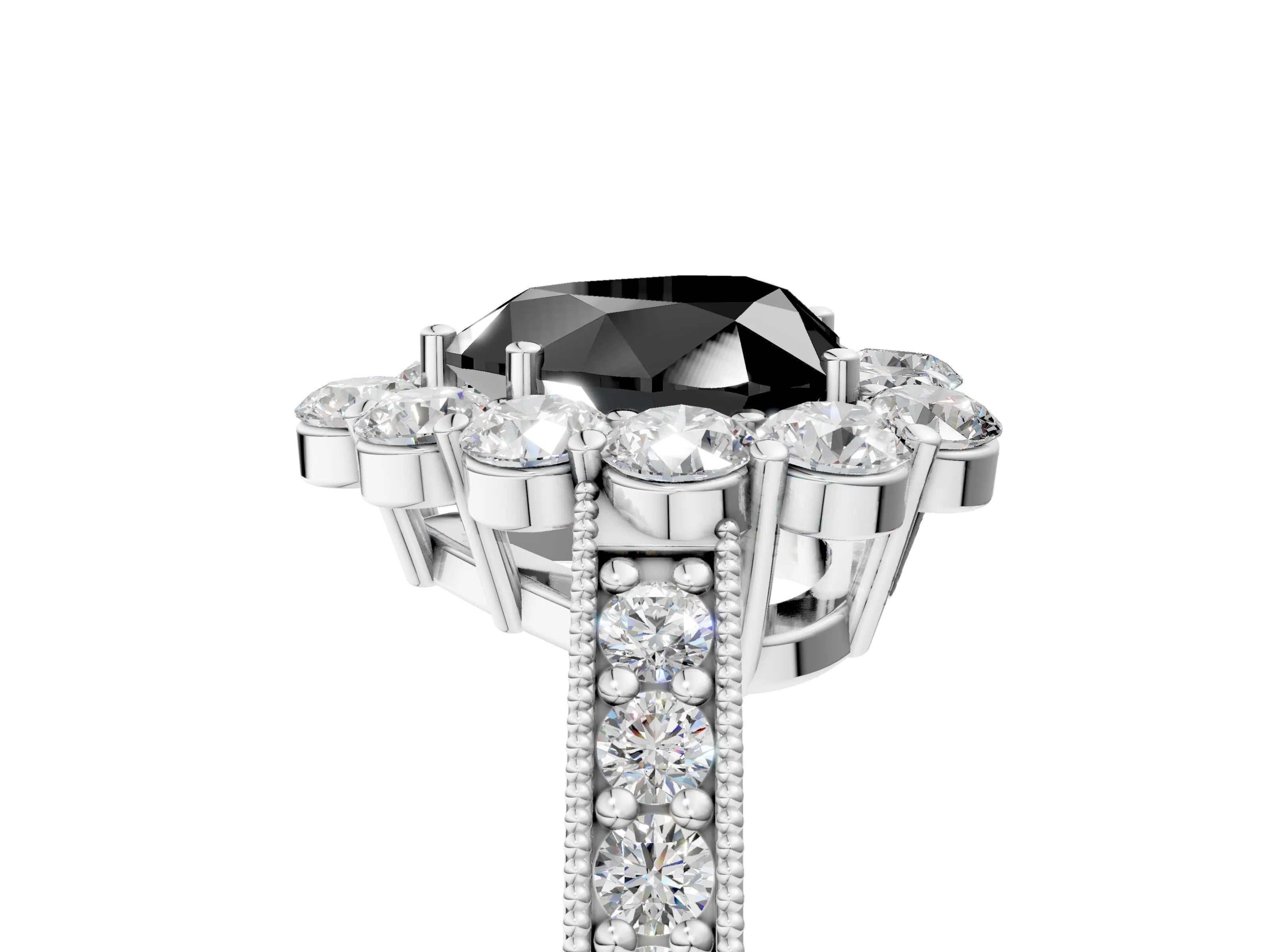 White gold Fancy Black Heart Cut Cut Halo Diamond Pavé Engagement Ring with Milgrain Detailing_53
