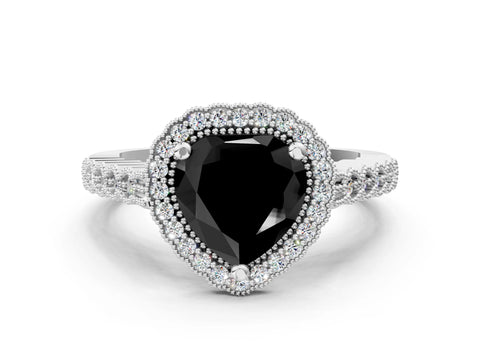 White gold Fancy Black Heart Cut Cut Halo Pavé Solitaire Ring with Milgrain Band_12