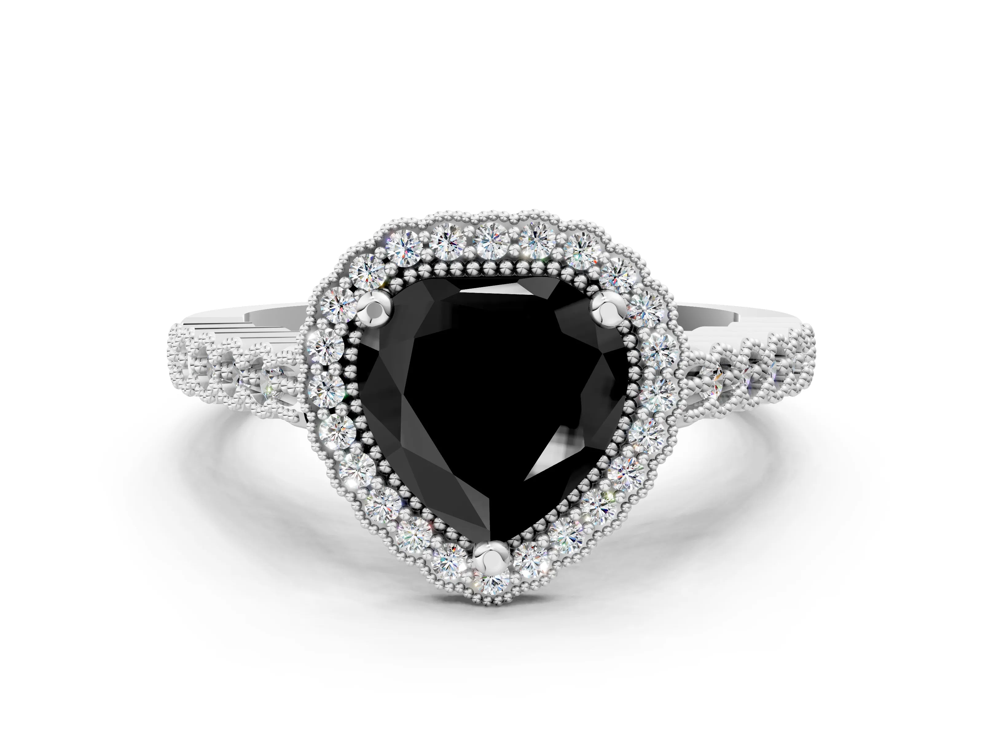 White gold Fancy Black Heart Cut Cut Halo Pavé Solitaire Ring with Milgrain Band_12