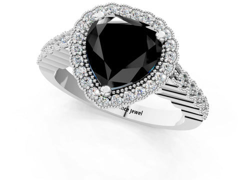 White gold Fancy Black Heart Cut Cut Halo Pavé Solitaire Ring with Milgrain Band_13
