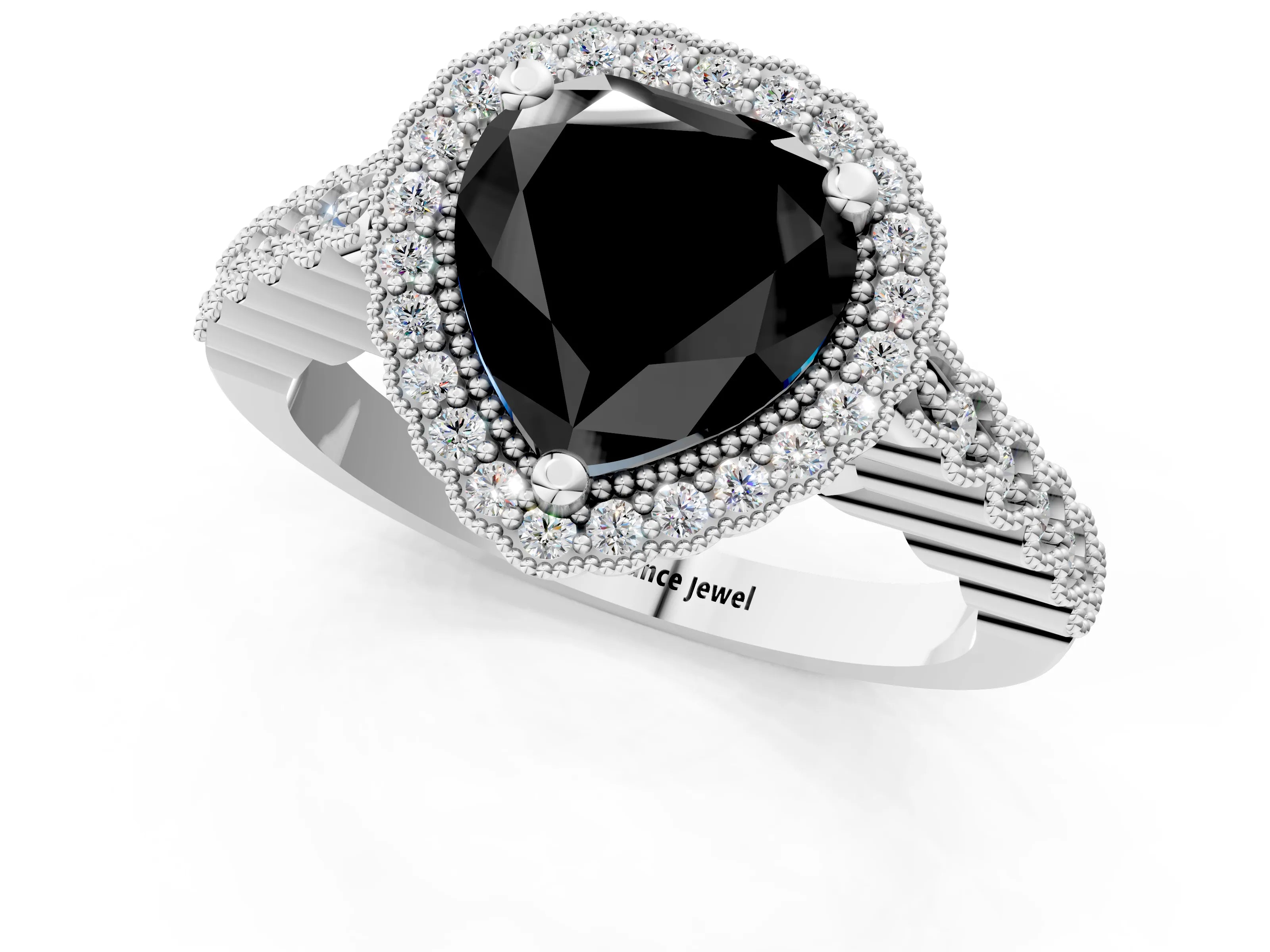 White gold Fancy Black Heart Cut Cut Halo Pavé Solitaire Ring with Milgrain Band_13