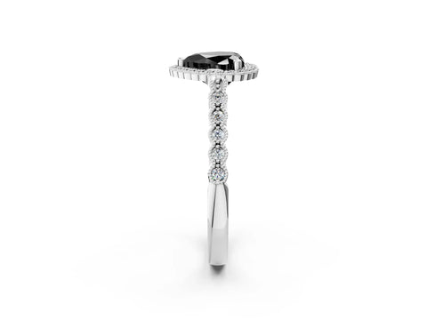 White gold Fancy Black Heart Cut Cut Halo Pavé Solitaire Ring with Milgrain Band_14