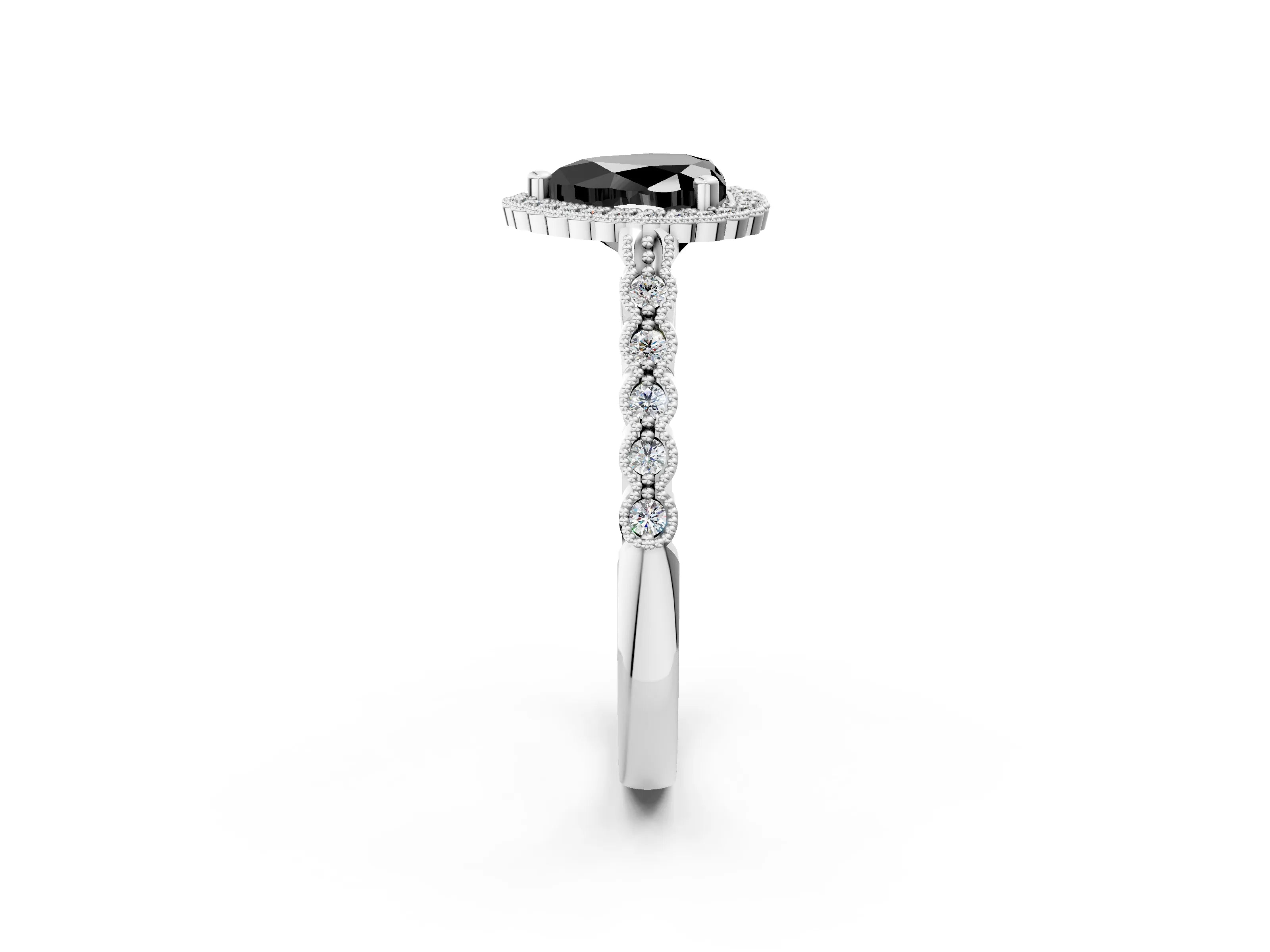 White gold Fancy Black Heart Cut Cut Halo Pavé Solitaire Ring with Milgrain Band_14