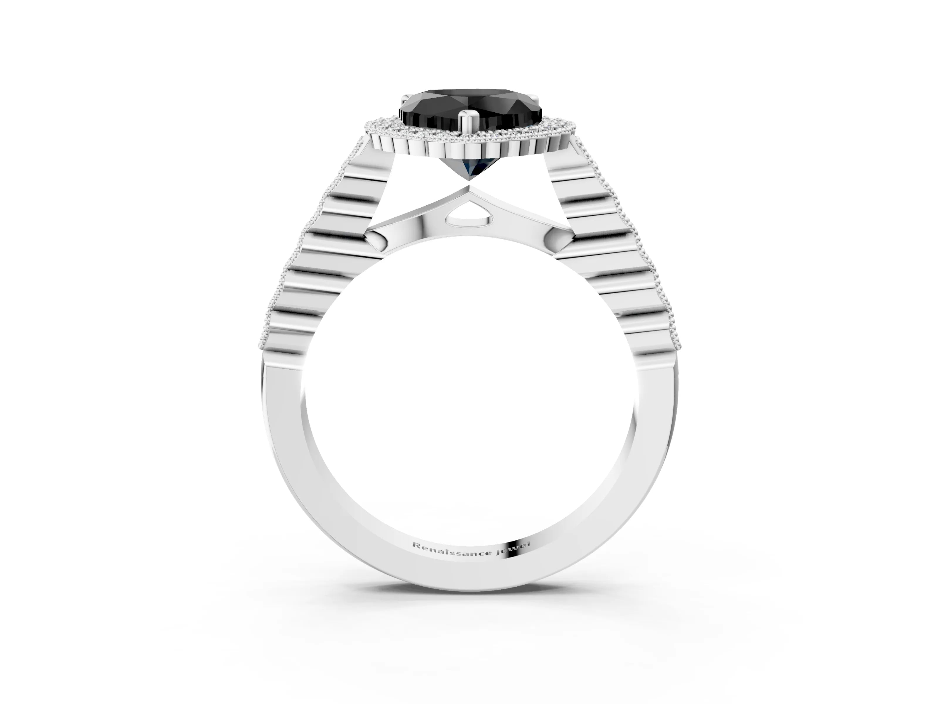 White gold Fancy Black Heart Cut Cut Halo Pavé Solitaire Ring with Milgrain Band_15
