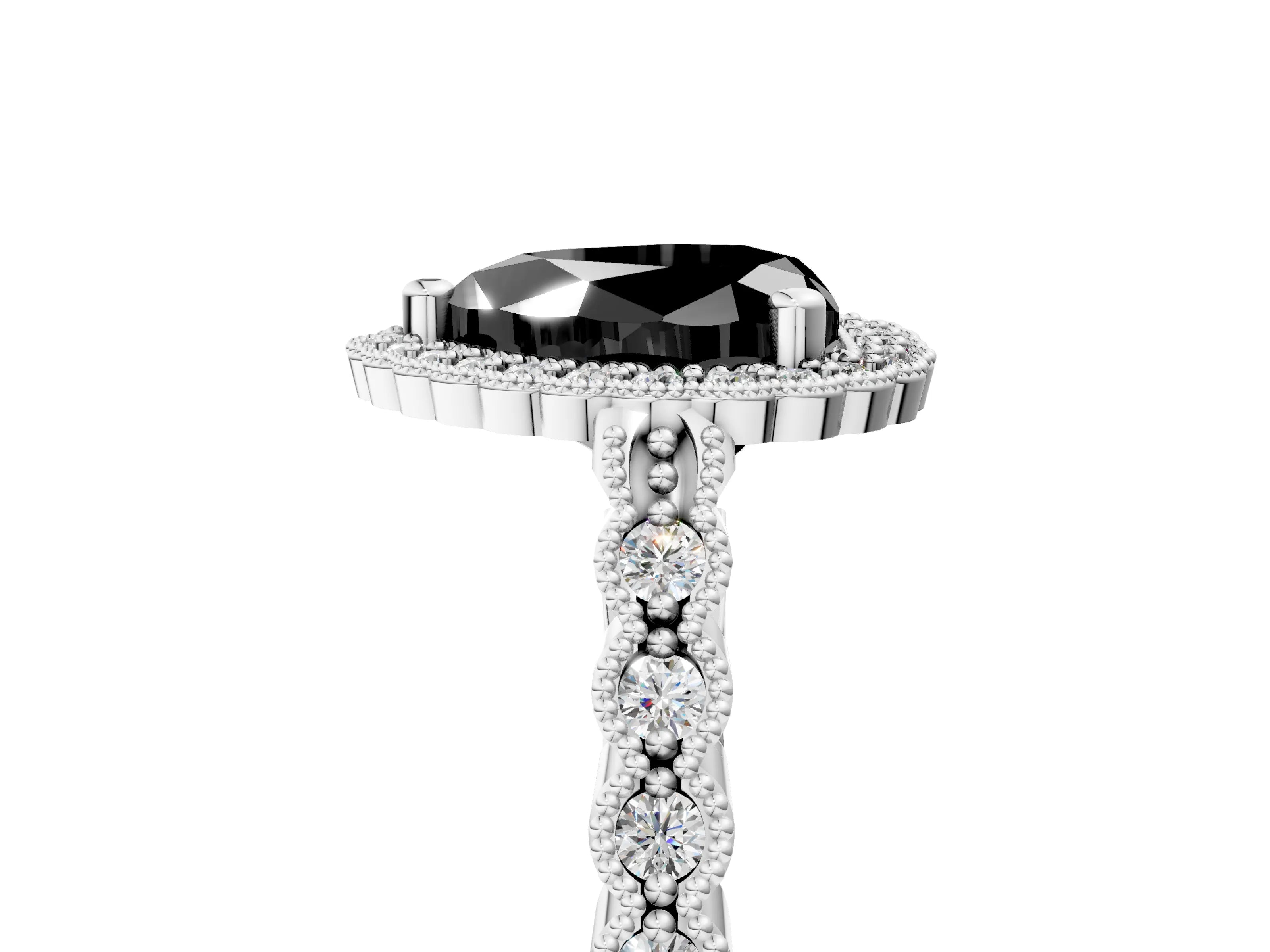 White gold Fancy Black Heart Cut Cut Halo Pavé Solitaire Ring with Milgrain Band_17