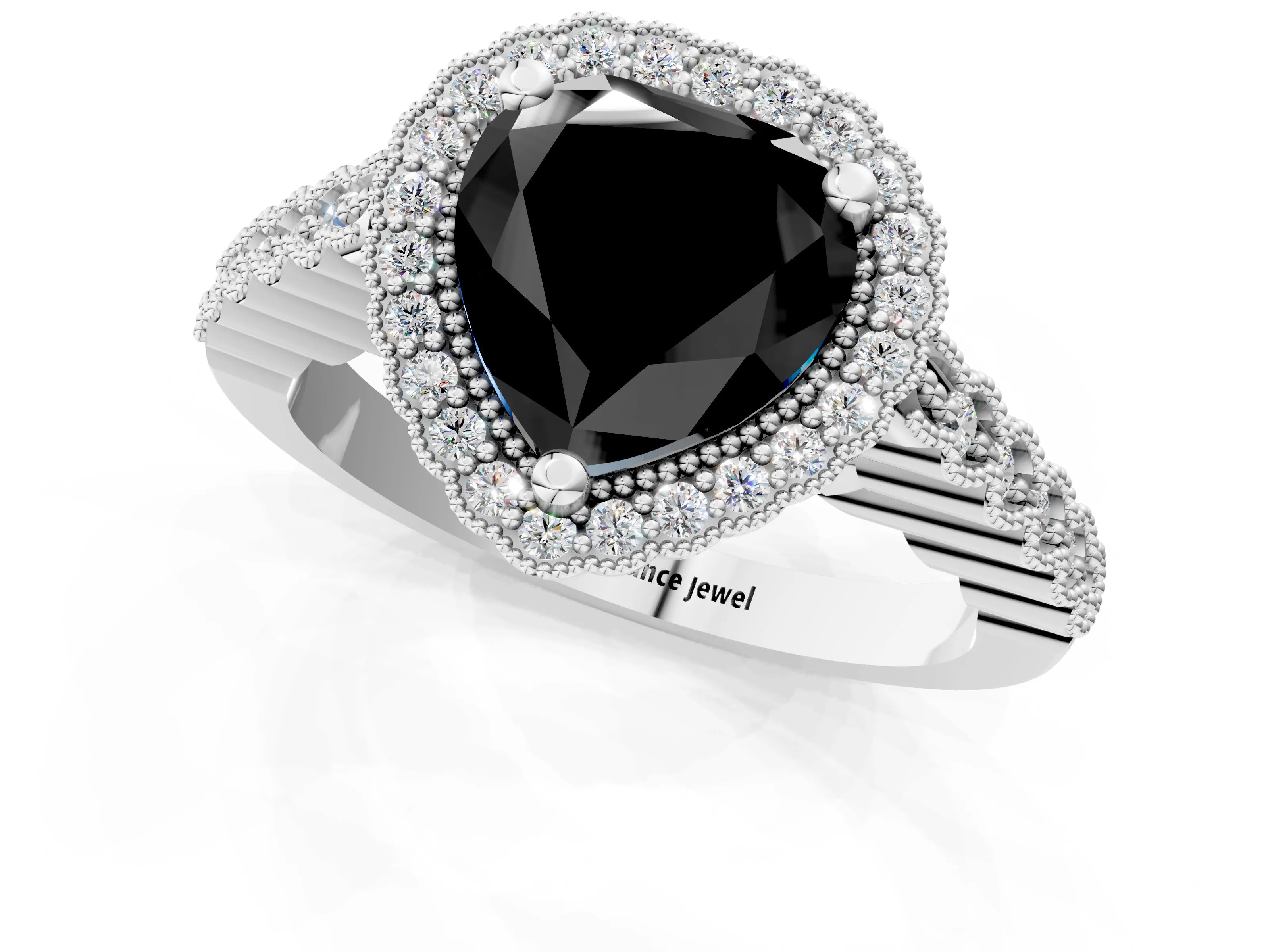 White gold Fancy Black Heart Cut Cut Halo Pavé Solitaire Ring with Milgrain Band_1
