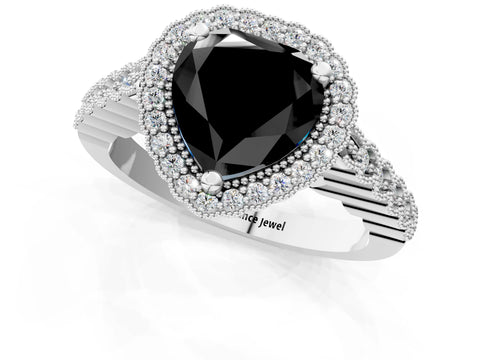 White gold Fancy Black Heart Cut Cut Halo Pavé Solitaire Ring with Milgrain Band_1