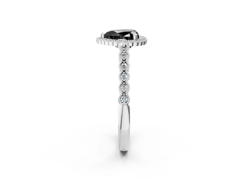 White gold Fancy Black Heart Cut Cut Halo Pavé Solitaire Ring with Milgrain Band_2