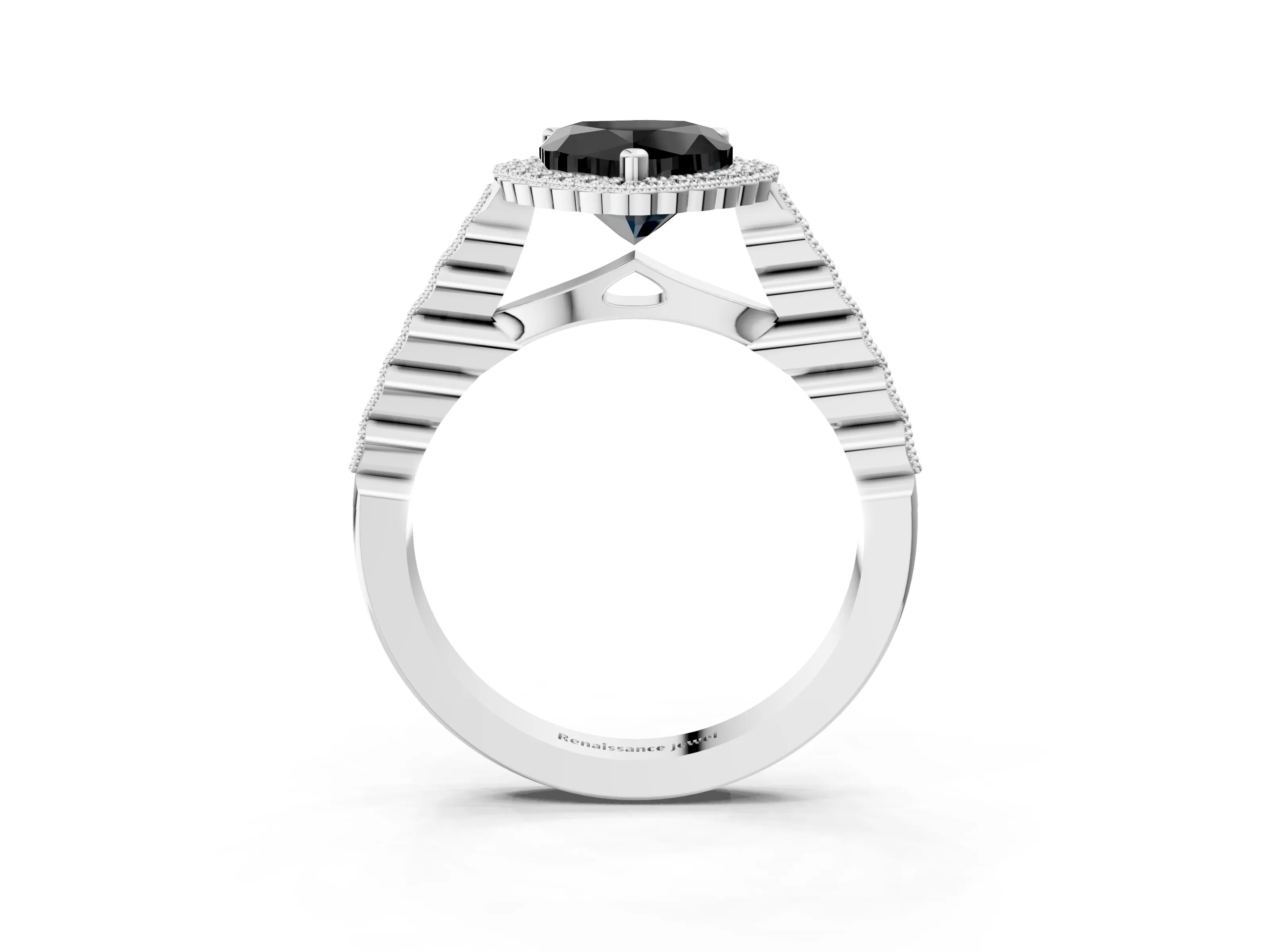 White gold Fancy Black Heart Cut Cut Halo Pavé Solitaire Ring with Milgrain Band_3