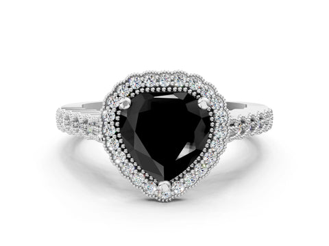 White gold Fancy Black Heart Cut Cut Halo Pavé Solitaire Ring with Milgrain Band