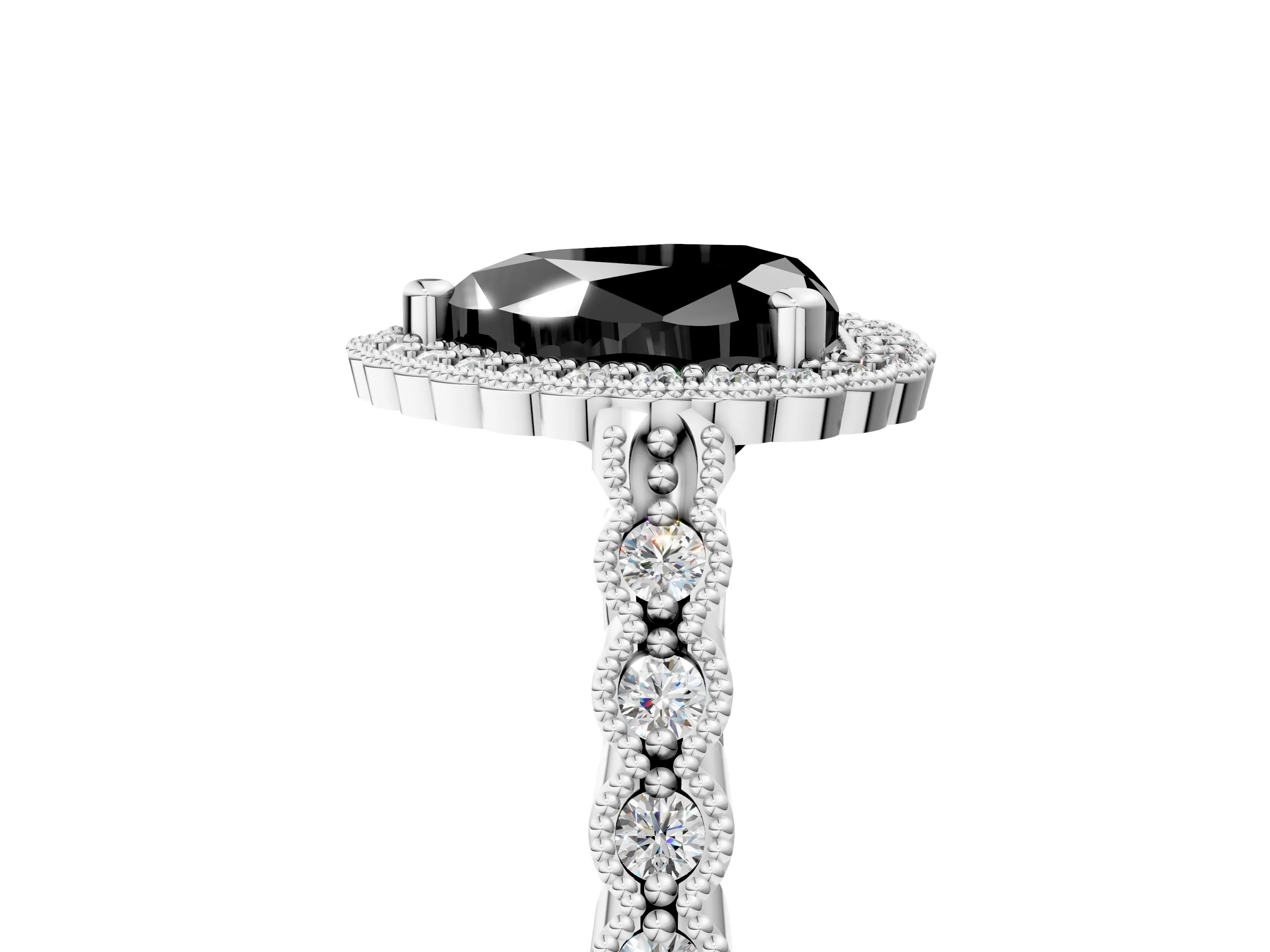 White gold Fancy Black Heart Cut Cut Halo Pavé Solitaire Ring with Milgrain Band_5