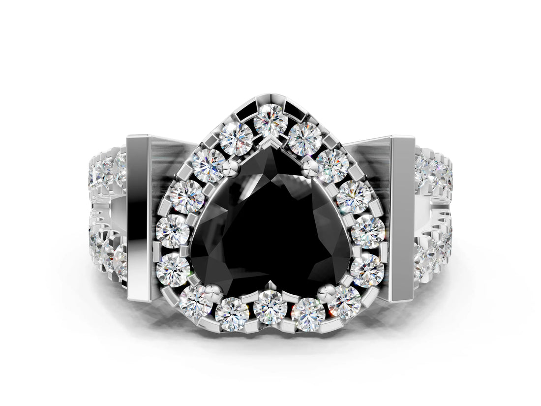 White gold Fancy Black Heart Cut Cut Halo Split Shank Prong Set Ring
