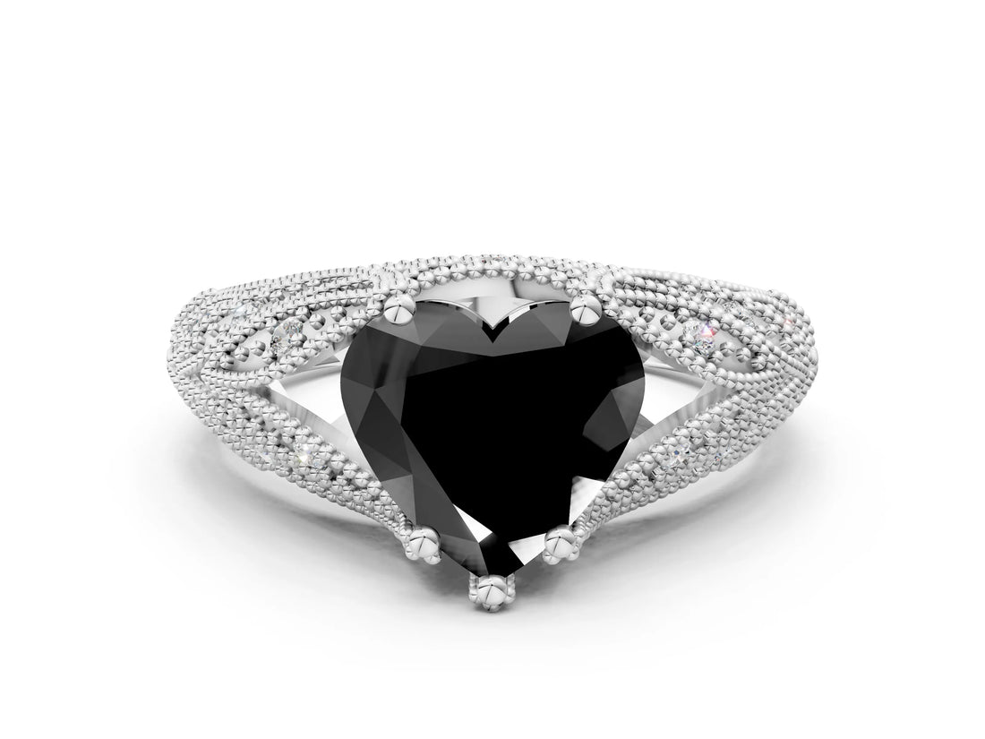 White gold Fancy Black Heart Cut Cut Milgrain Pave Diamond Engagement Ring with Four-Prong Setting_3