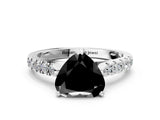 White gold Fancy Black Heart Cut Cut Pavé Band Solitaire Ring with Four-Prong Setting